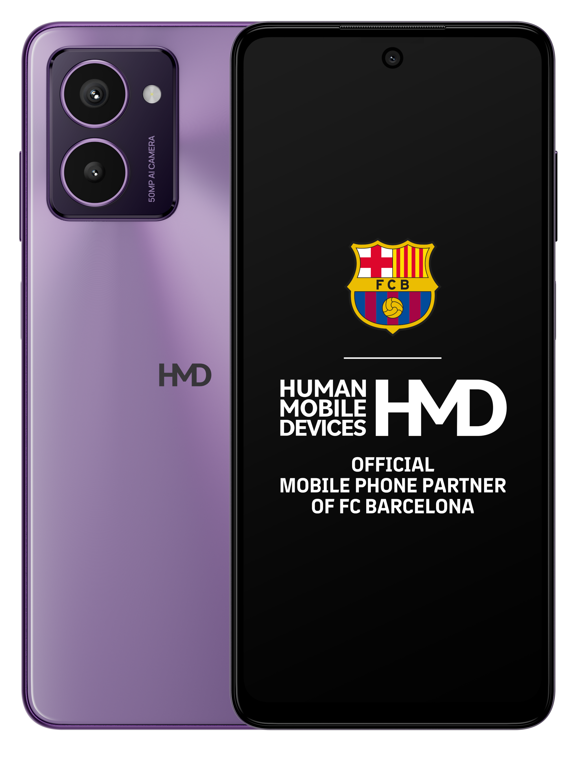 Fioletowy telefon HMD z dwoma aparatami z tyłu. Logo FC Barcelona.
