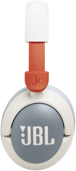 Fehér és narancssárga JBL Jr. fejhallgató szürke fülkagylóval és narancssárga fülrésszel.