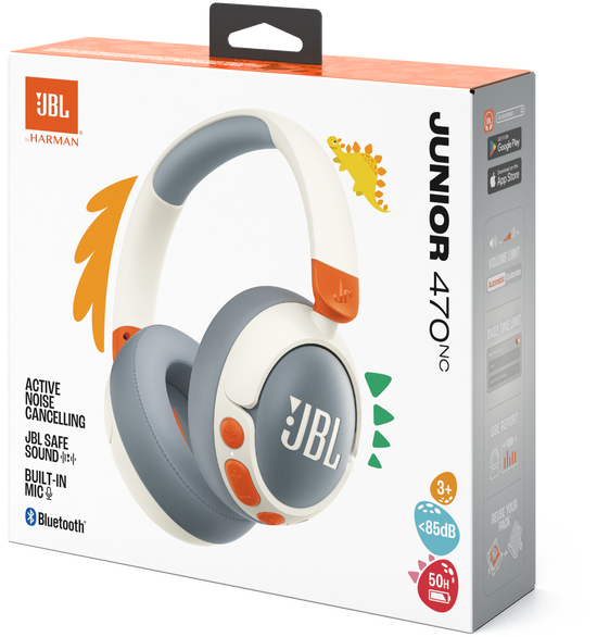 JBL Junior 470NC fejhallgató dobozban, fehér és narancssárga dizájnnal. Fehér háttér.