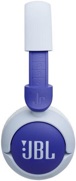 Fehér és lila JBL JR310BT fejhallgató. A fejpánt és a fülkagylók fehérek, lila díszítéssel.