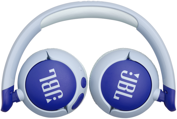 Kék-fehér összecsukható fejhallgató JBL logókkal.