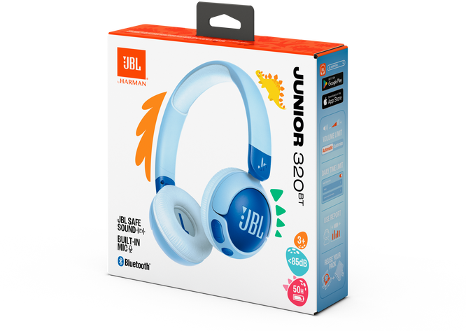 Kék JBL Junior 320BT fejhallgató doboza dinoszaurusz illusztrációval.