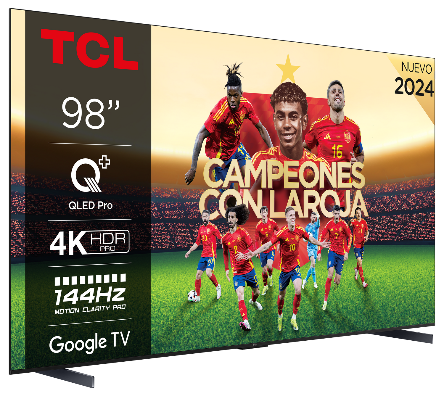 TV TCL de 98" mostrando un partido de fútbol. Con QLED Pro, 4K HDR, 144Hz y Google TV, con 'Campeones'.
