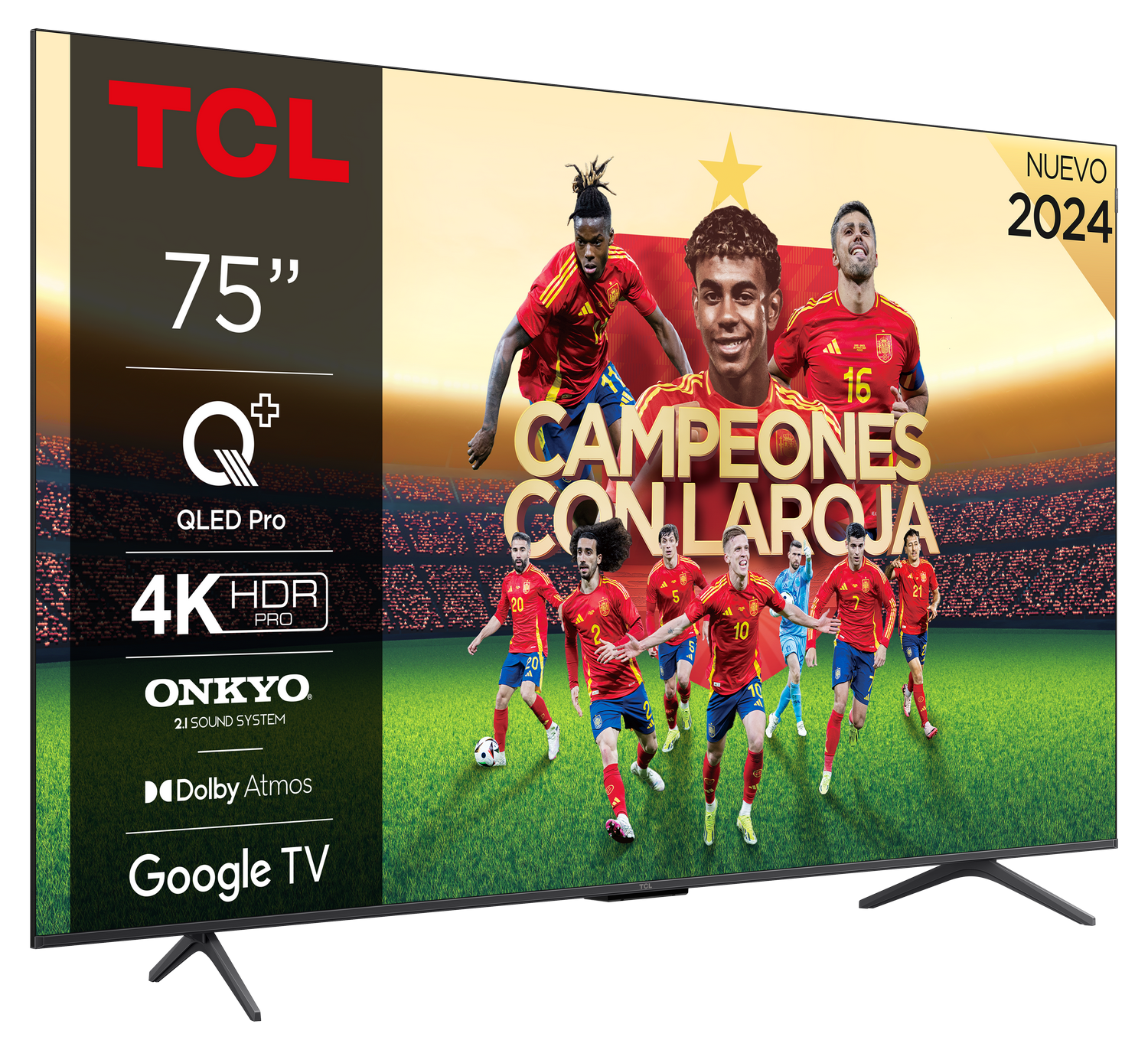 Un televisor grande que muestra un equipo de fútbol. El texto dice 'Campeones con la Roja'. Nuevo 2024 escrito.