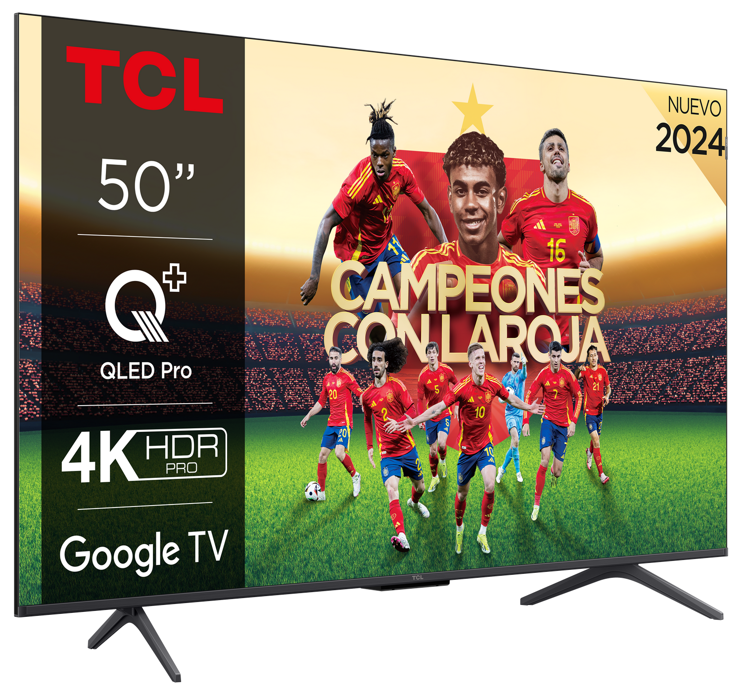 Televisor TCL mostrando un partido de fútbol con las palabras 'CAMPEONES CON LA ROJA' y el año 2024.