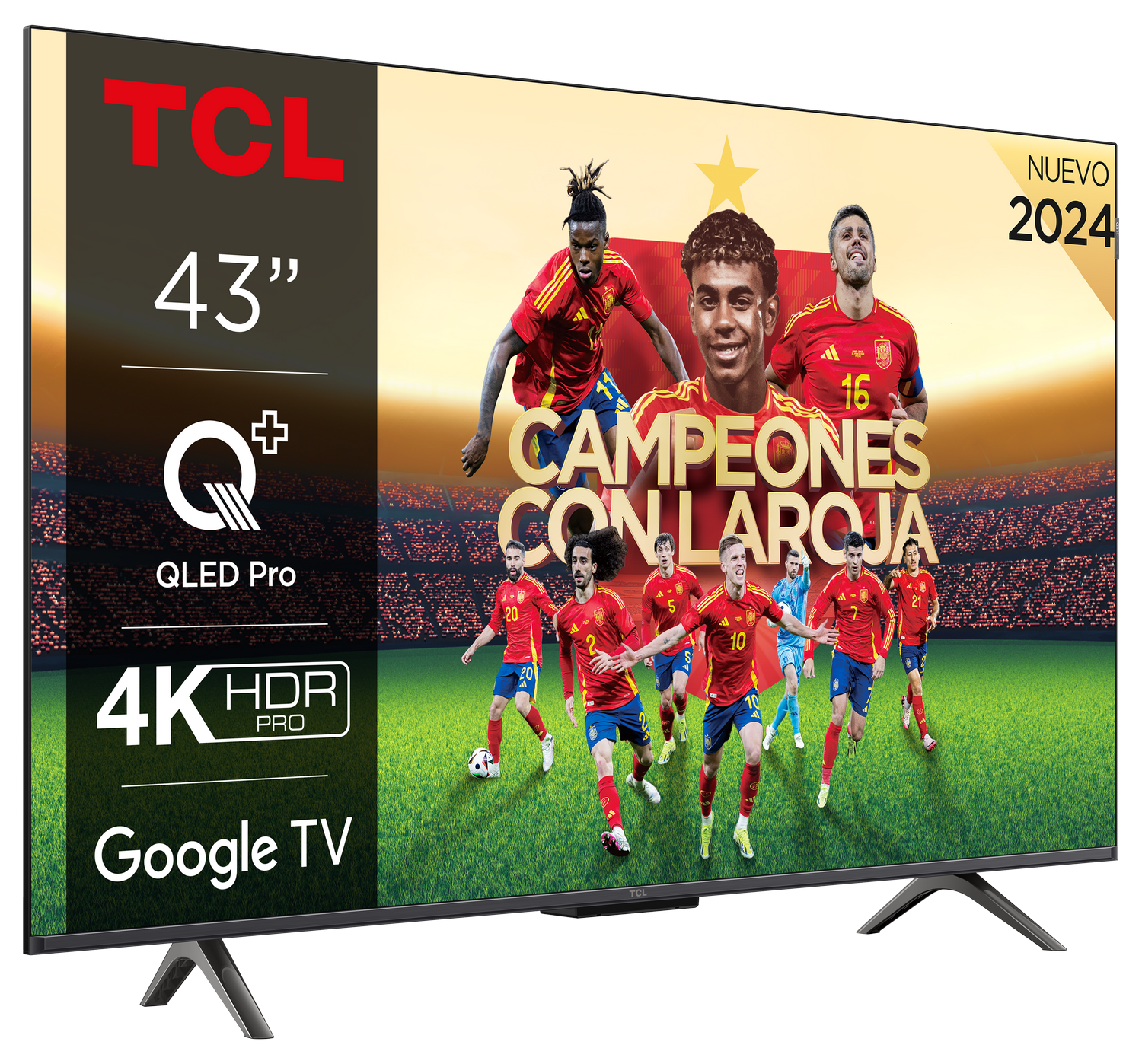 Pantalla de TV TCL 43" mostrando un partido de fútbol con el texto: Campeones con La Roja.