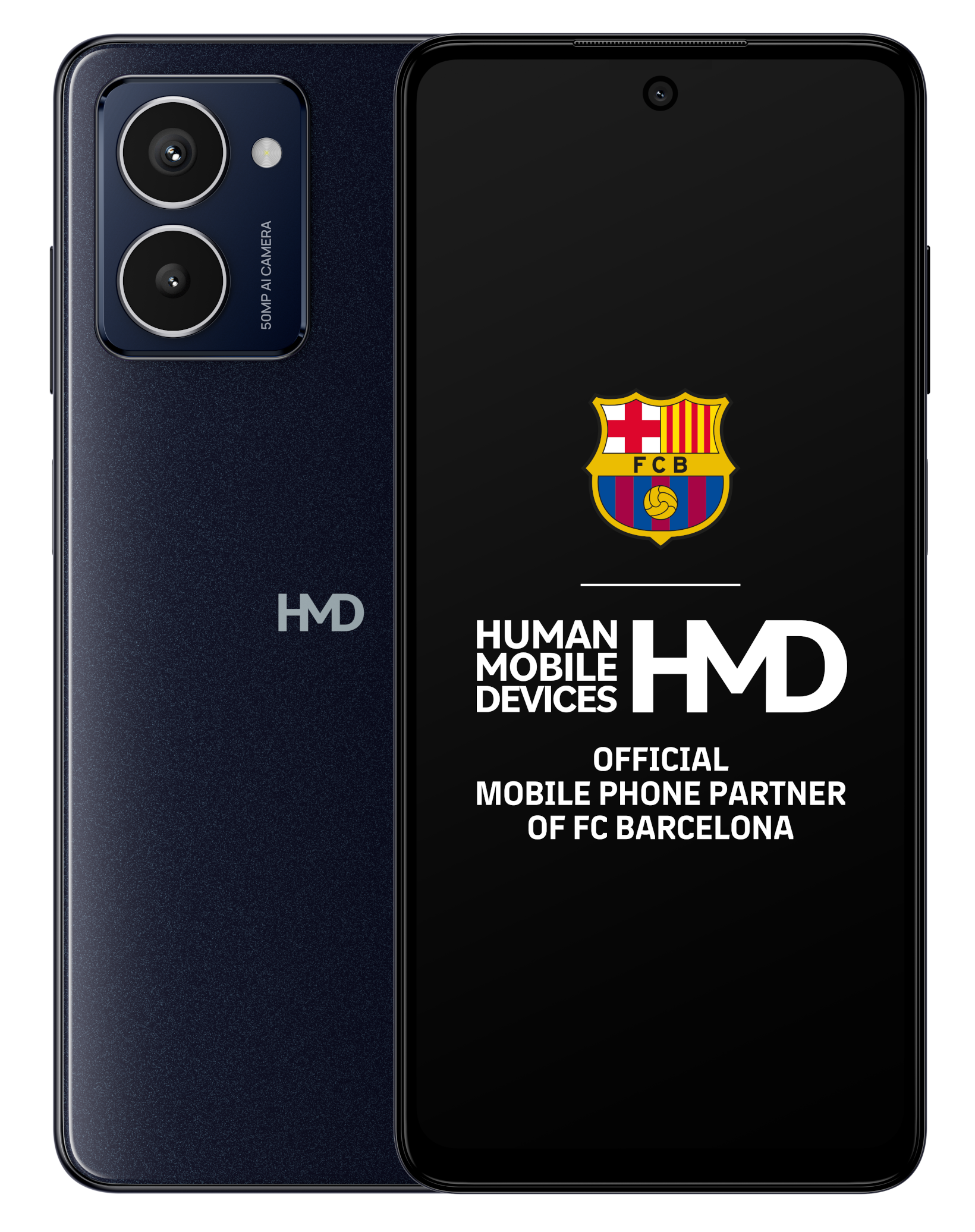 Czarno-niebieski smartfon, logo HMD, oficjalny partner FC Barcelona.
