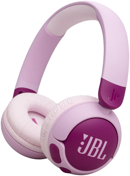Rózsaszín JBL Jr. fejhallgató. Rózsaszín fülkagylók, rózsaszín fejpánt, látható JBL logó.