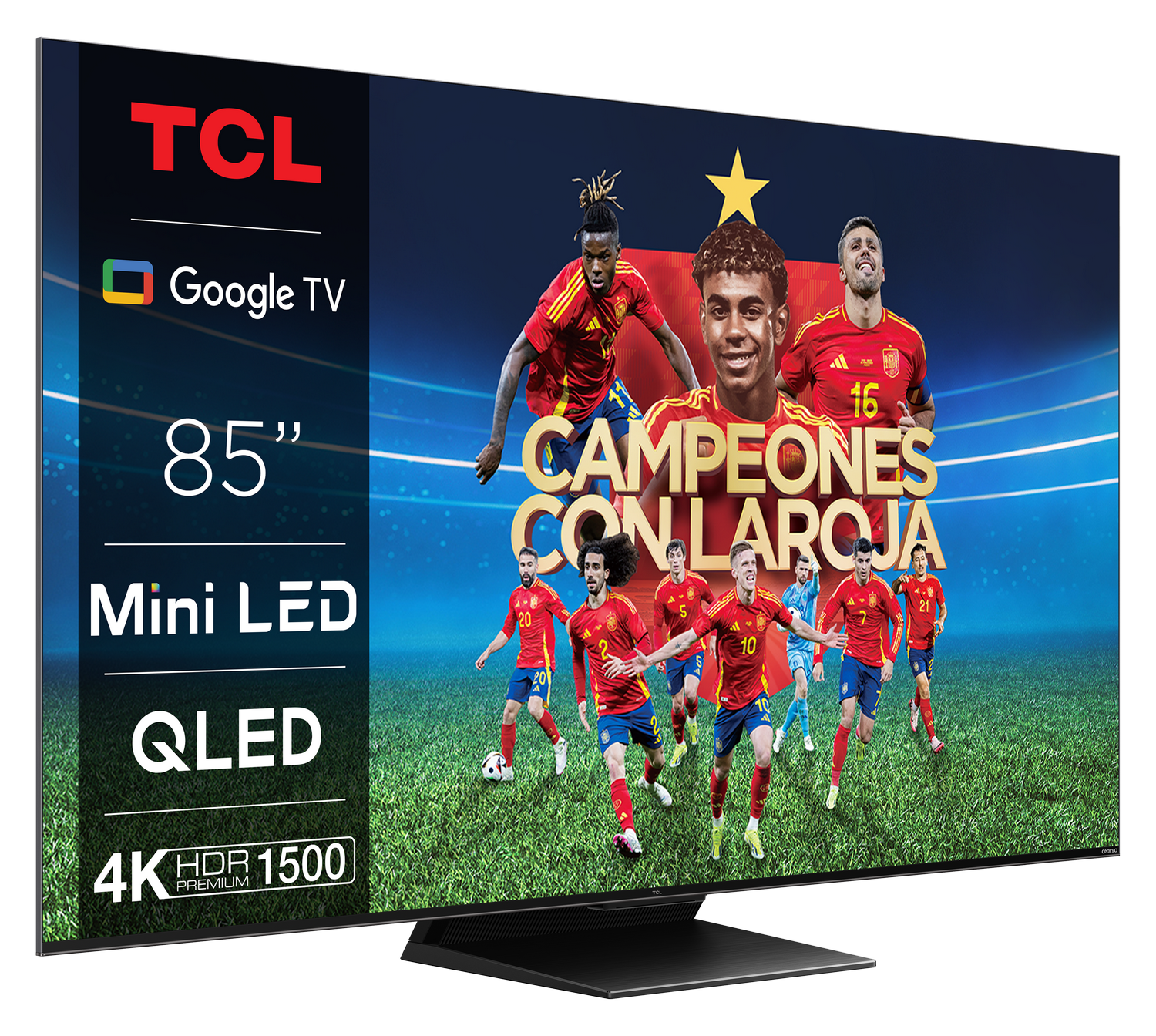 TV TCL de 85" con una escena de fútbol en pantalla. Jugadores con camisetas rojas en la pantalla.