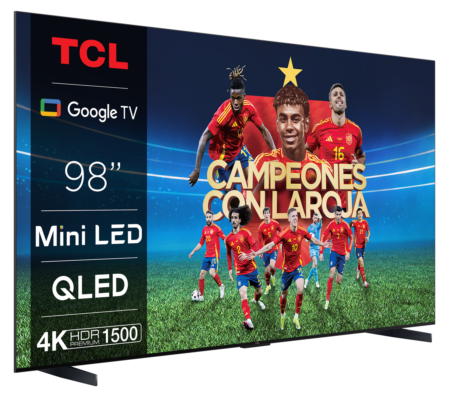TV TCL mostrando un partido de fútbol, 98 pulgadas, Mini LED QLED.