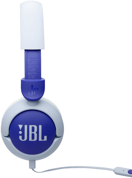 Kék és fehér fejhallgató kábellel. A fülkagylók kör alakúak, JBL logóval.