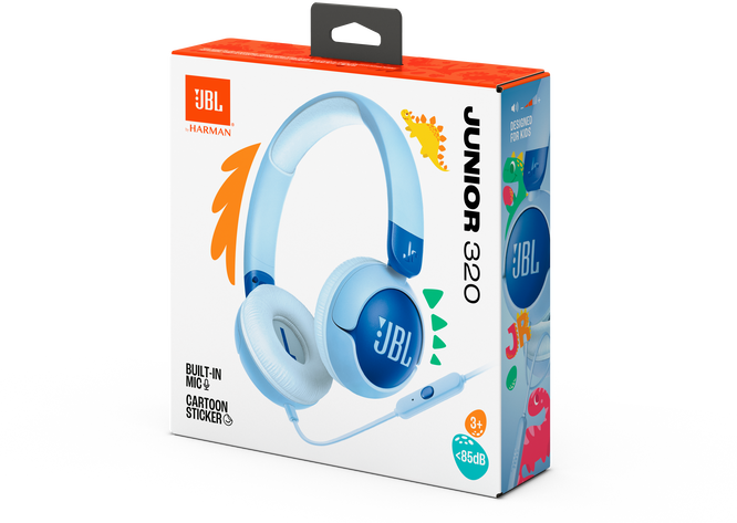 JBL Junior 320 fejhallgató dobozban, kék színben, rajzfilm matrica címkével.