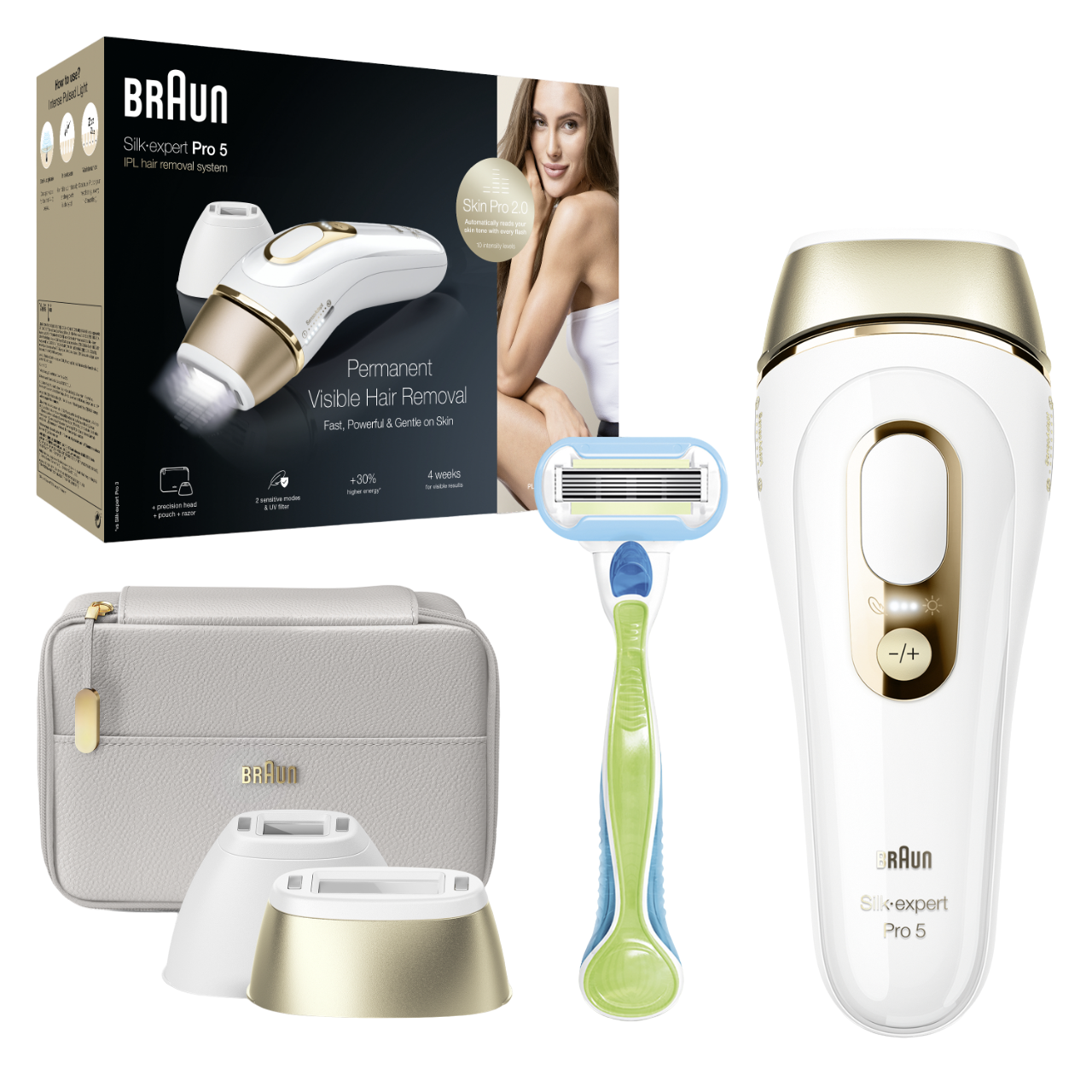Ein Braun Haarentfernungsset, einschließlich Rasierer, IPL-Gerät und Zubehör.
