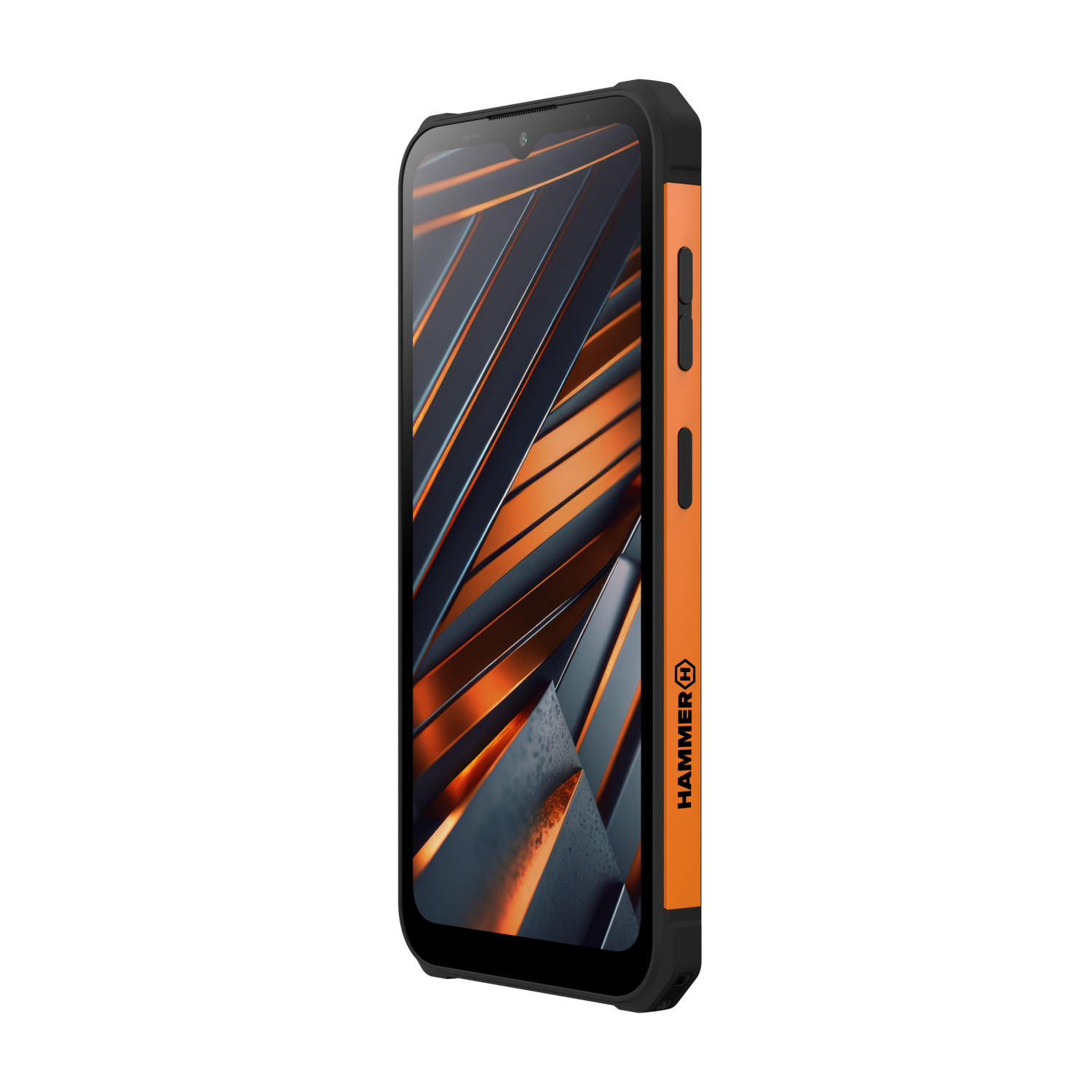 Een oranje en zwarte smartphone. De telefoon zit in een beschermhoes en staat iets schuin.