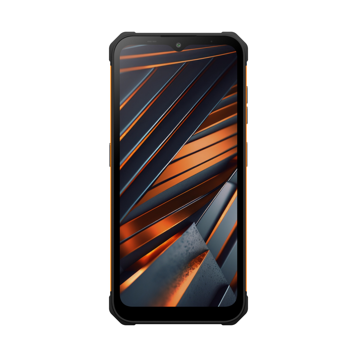 Een zwart-oranje robuuste smartphone op een witte achtergrond, toont het scherm.