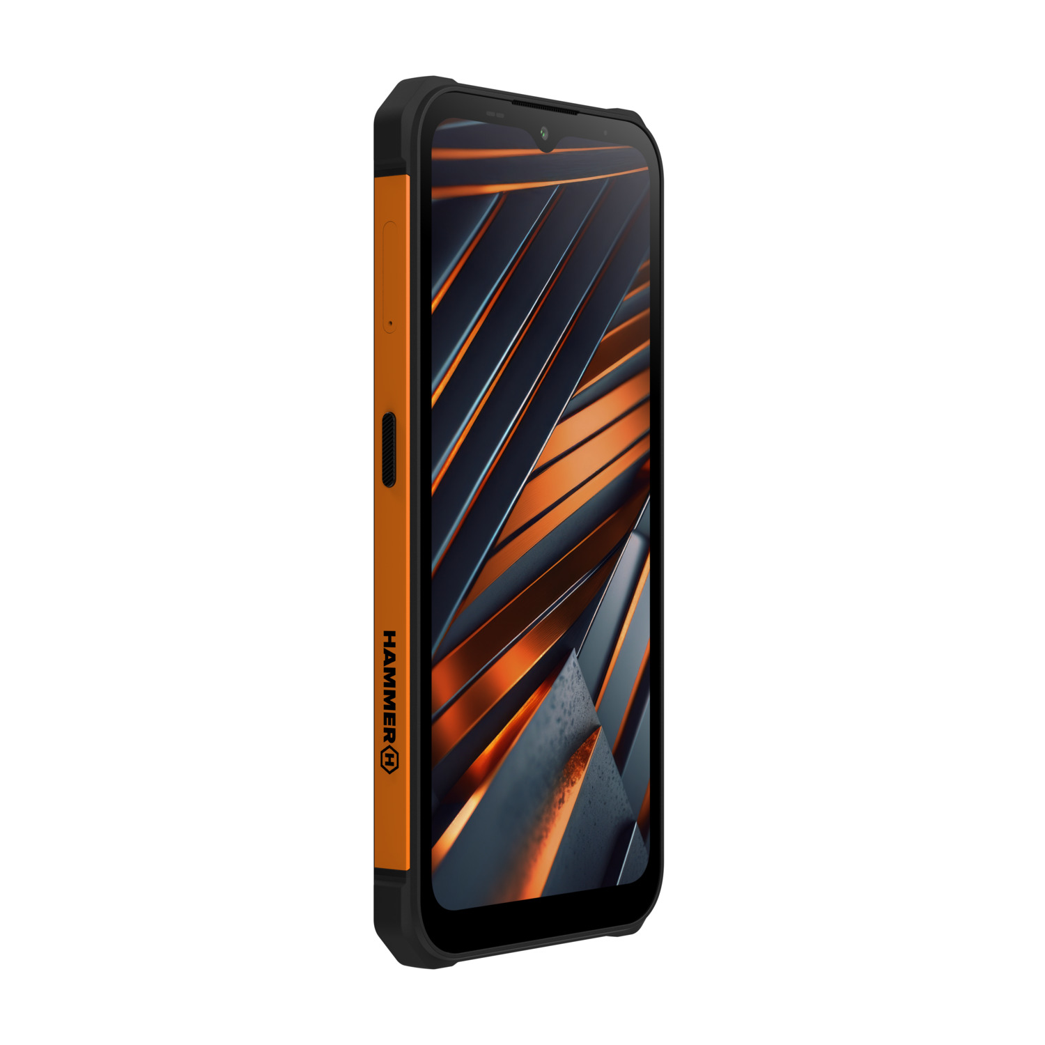 Oranje en zwarte robuuste smartphone. De telefoon heeft een scherm met een donkere, getextureerde achtergrond.