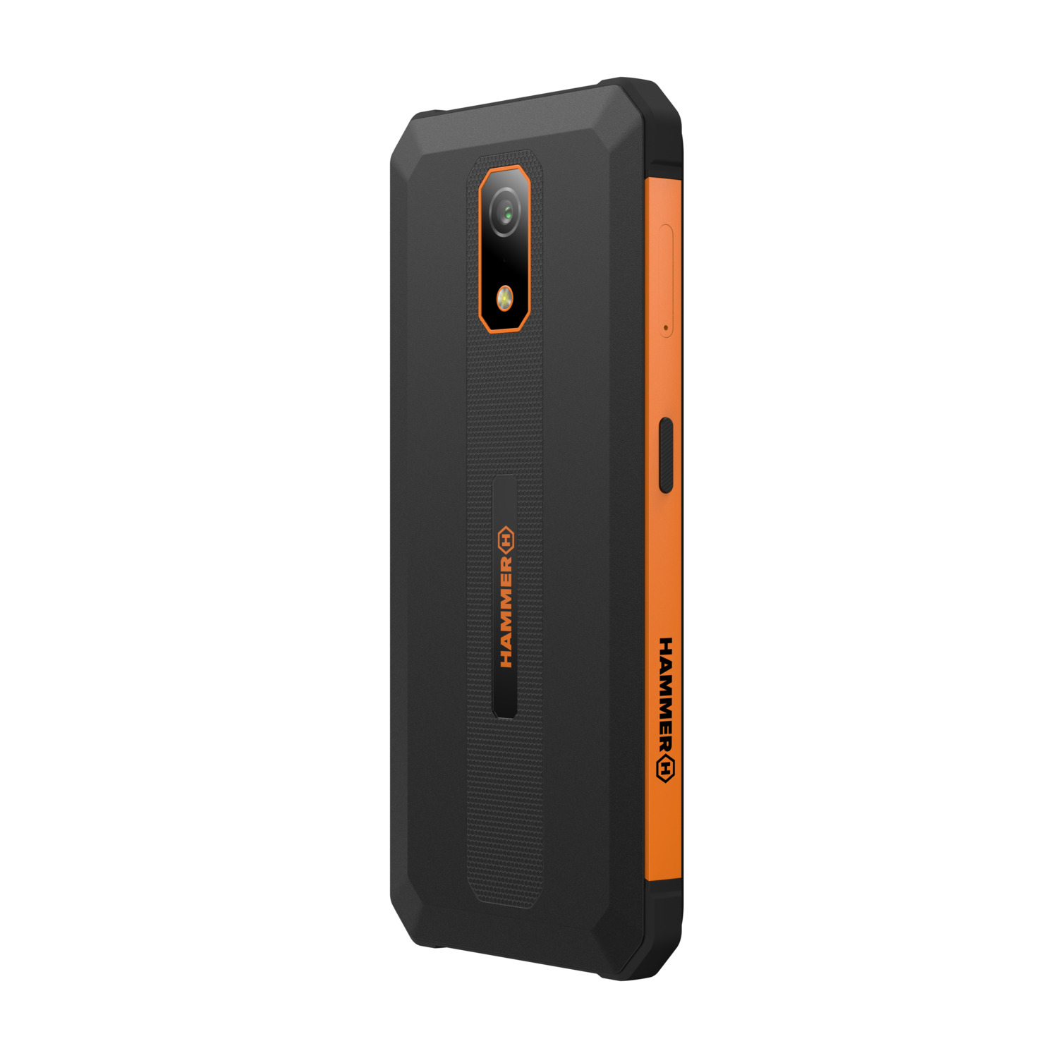 Robuuste zwarte en oranje smartphone. De telefoon heeft een camera en het Hammer logo.