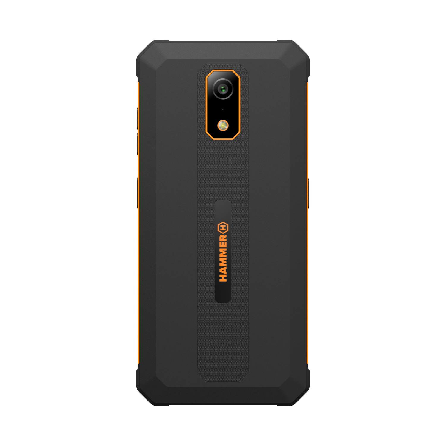 Zwarte en oranje robuuste smartphone met camera en het 'HAMMER'-logo.