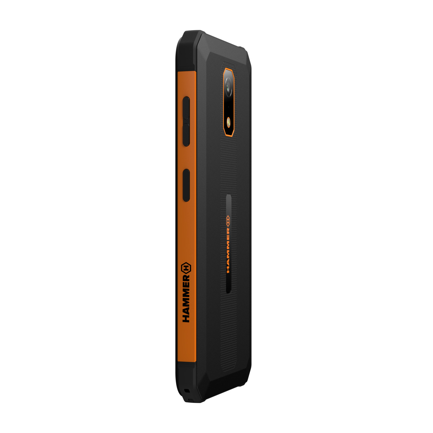 Zwarte en oranje telefoonhoes. Hammer-logo op de zijkant.