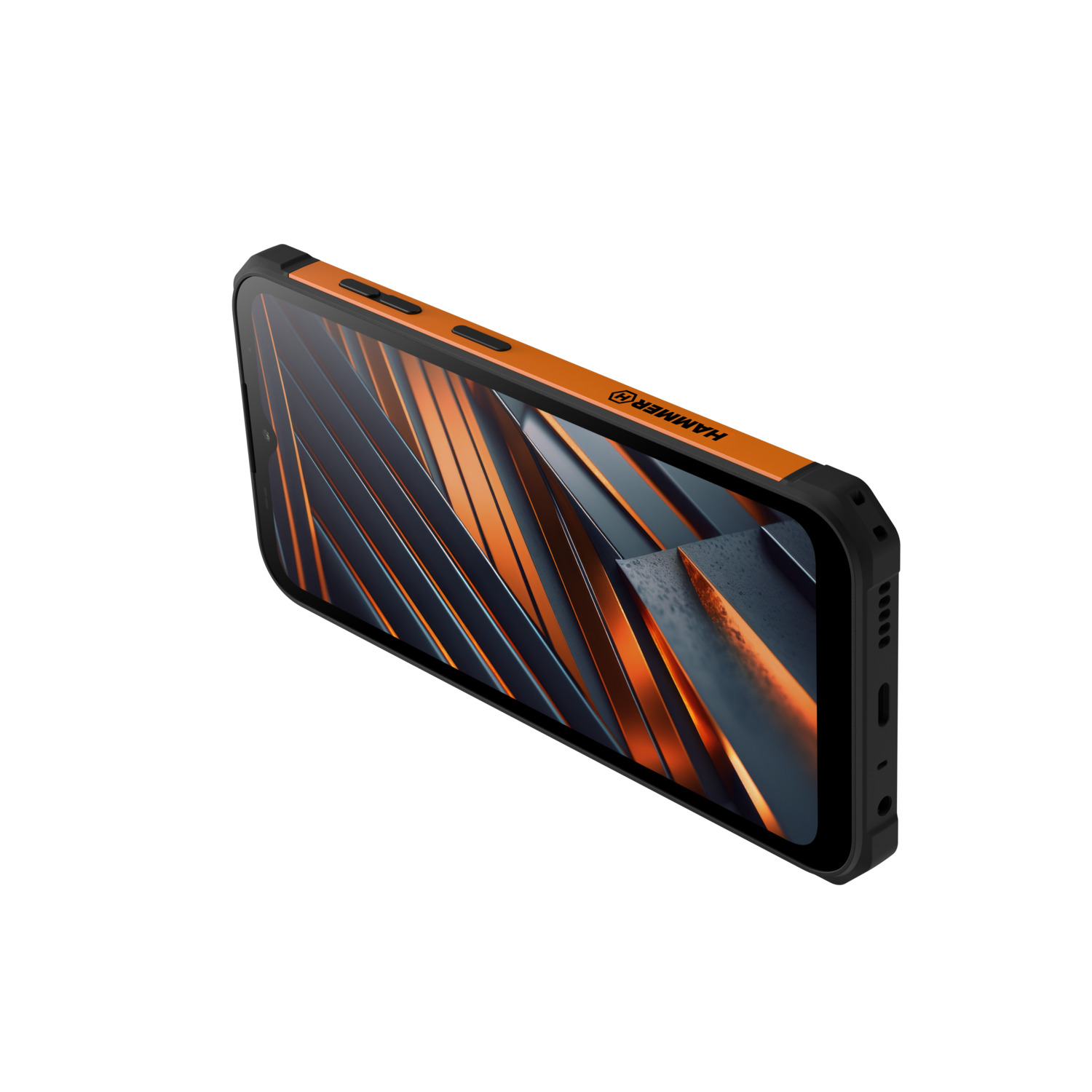 Zwarte en oranje smartphone. Scherm met geometrisch patroon.
