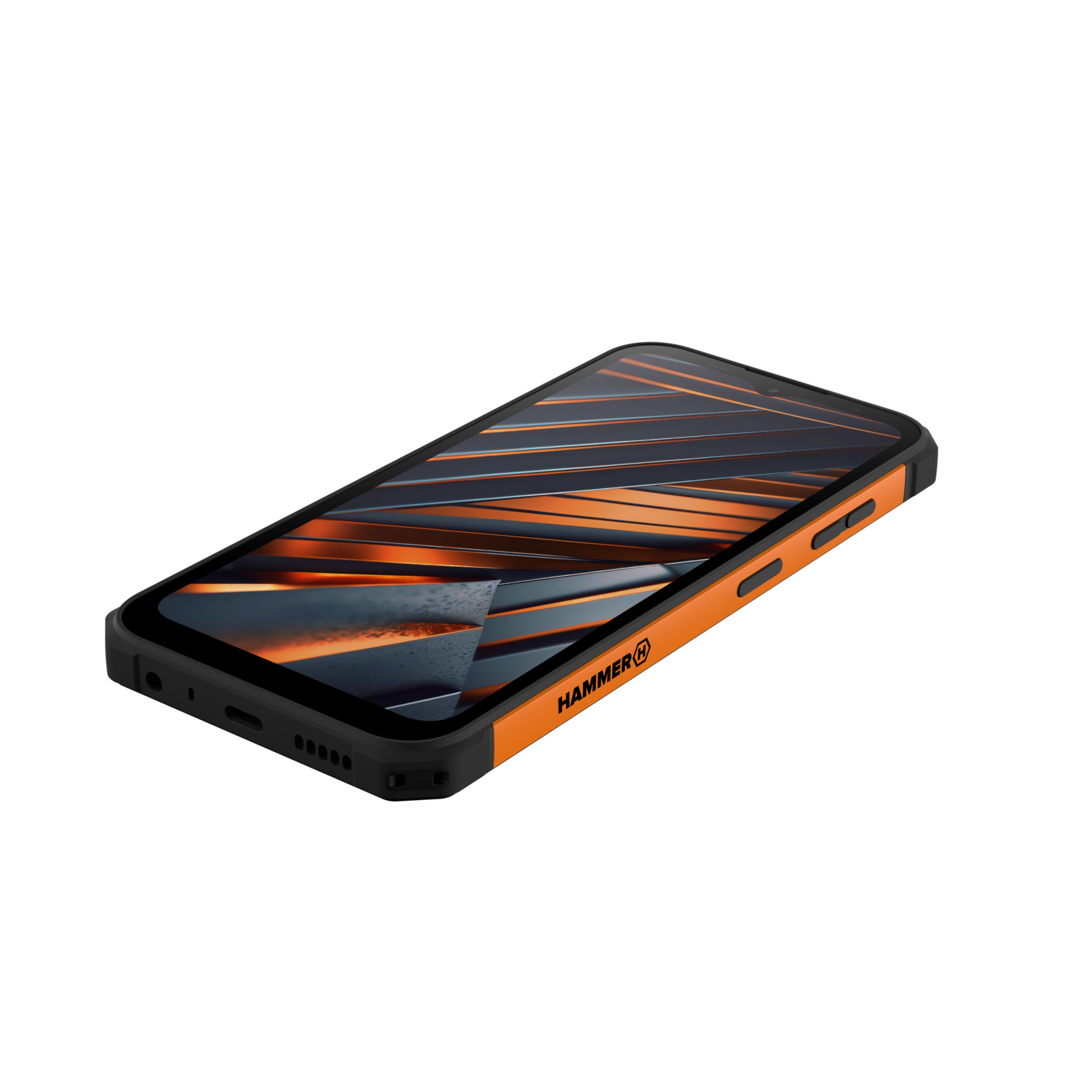Zwarte en oranje smartphone met een textuur op de achterkant.
