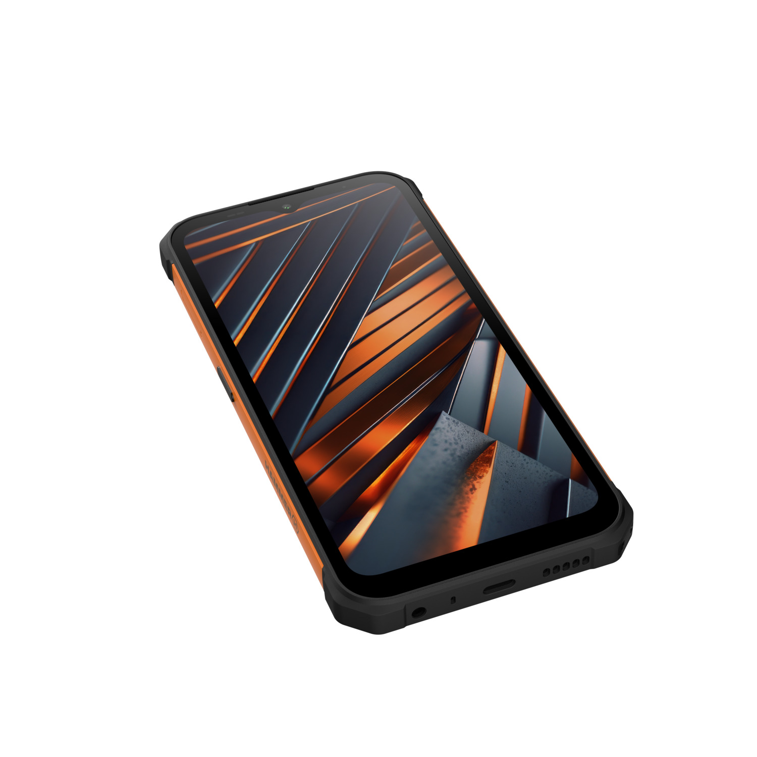 Zwarte en oranje smartphone, schuine weergave. Met zwart scherm en robuust frame. Witte achtergrond.