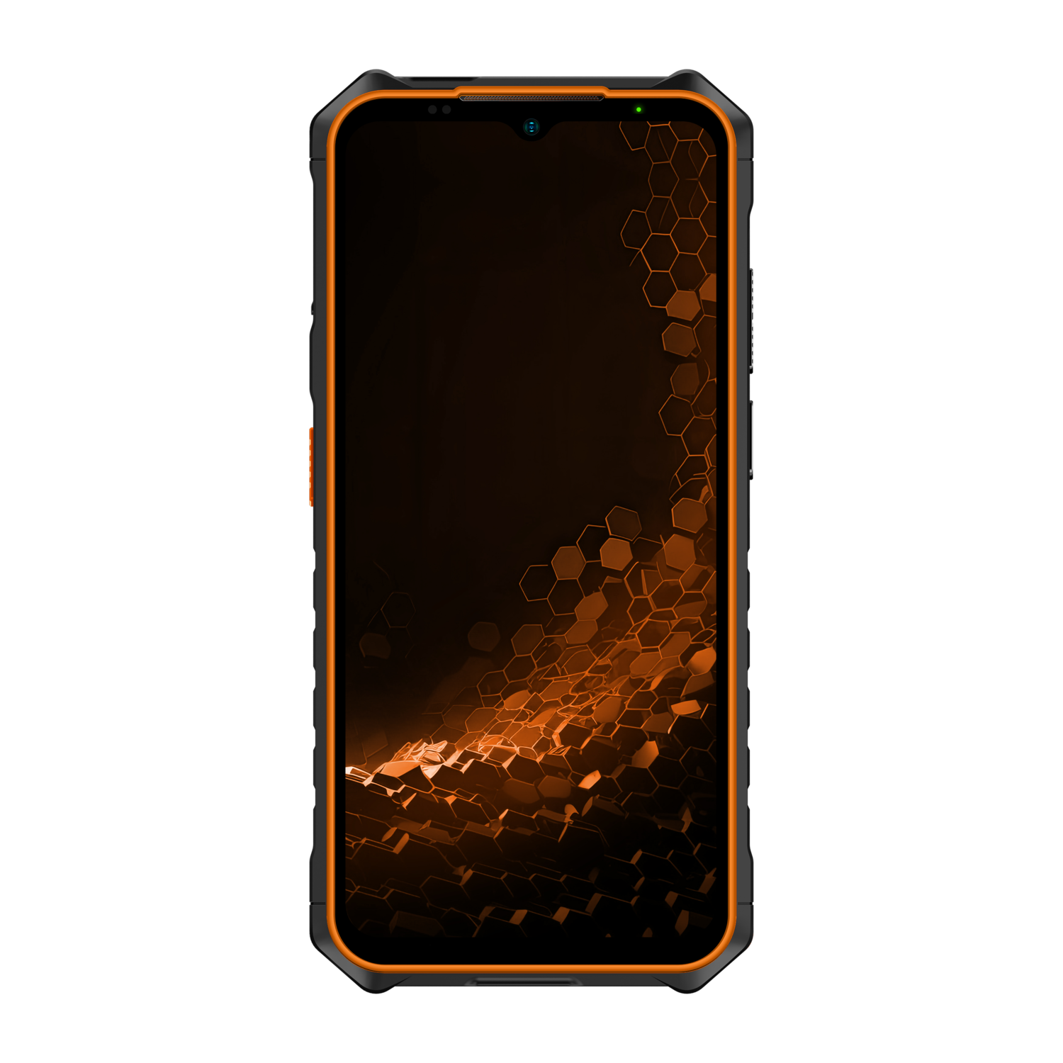 Zwarte smartphone met oranje accenten. Scherm toont oranje honingraatpatroon op zwarte achtergrond.