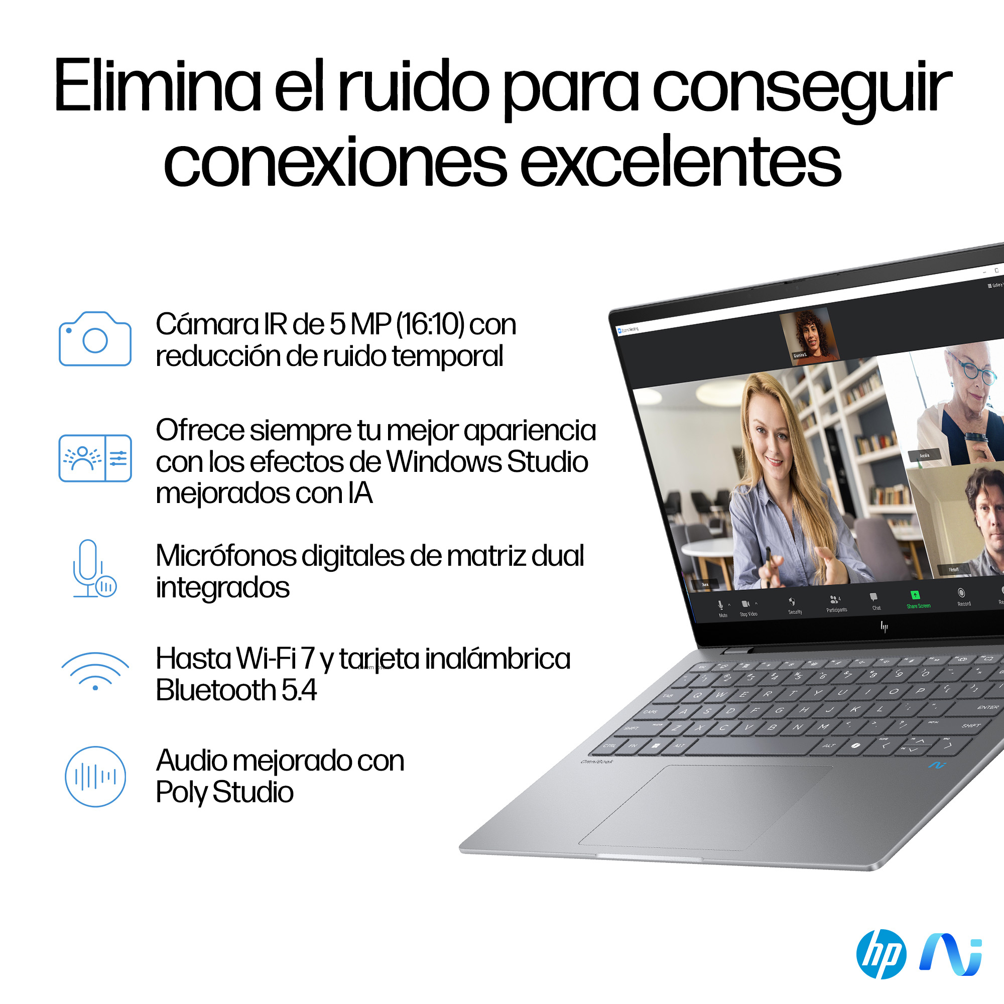 Una laptop muestra una videollamada. Las características incluyen cámara, micrófonos, Wi-Fi y mejoras de audio.