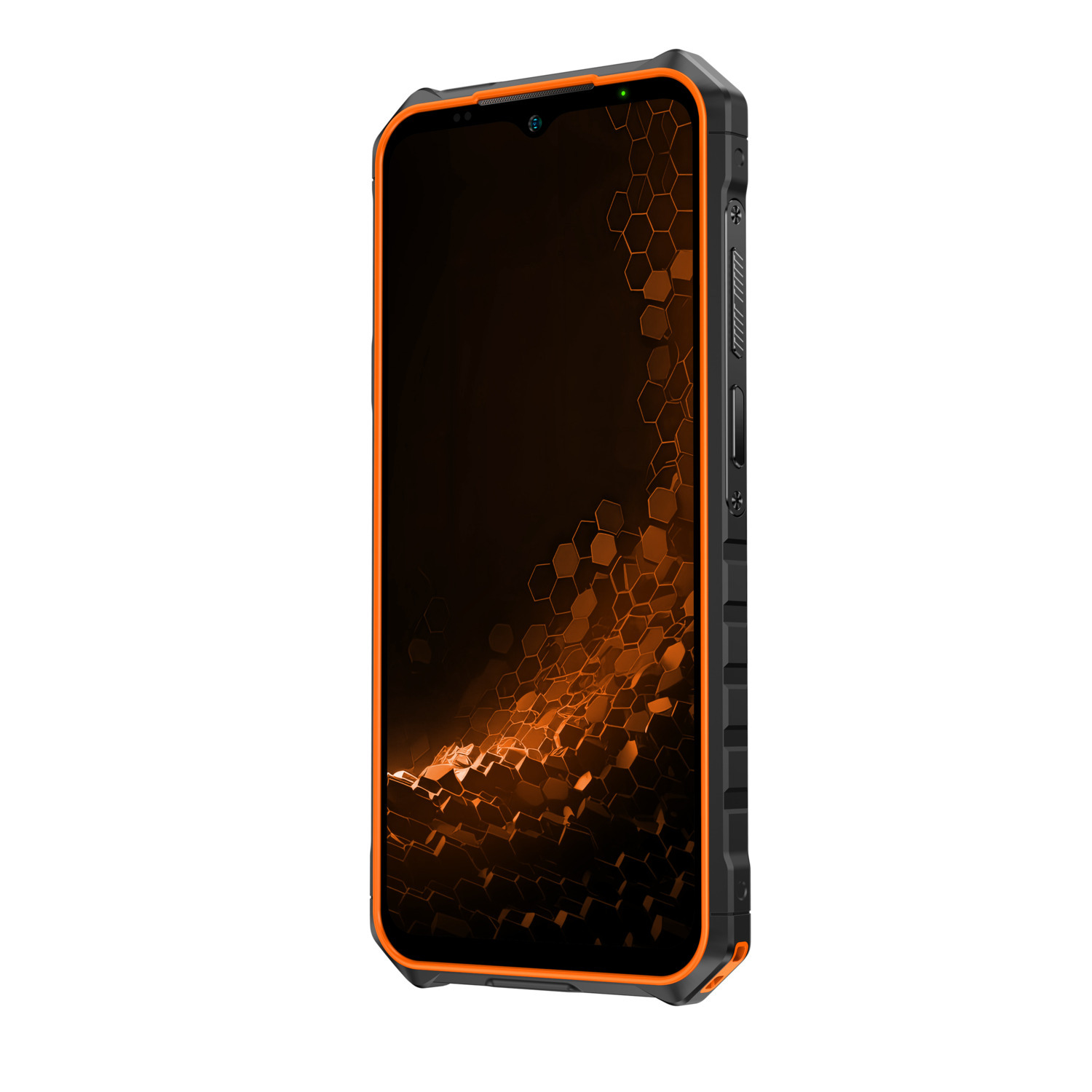 Zwarte en oranje robuuste smartphone, schuin, scherm aan, geïsoleerd op wit. Zeshoekig patroon op het scherm.