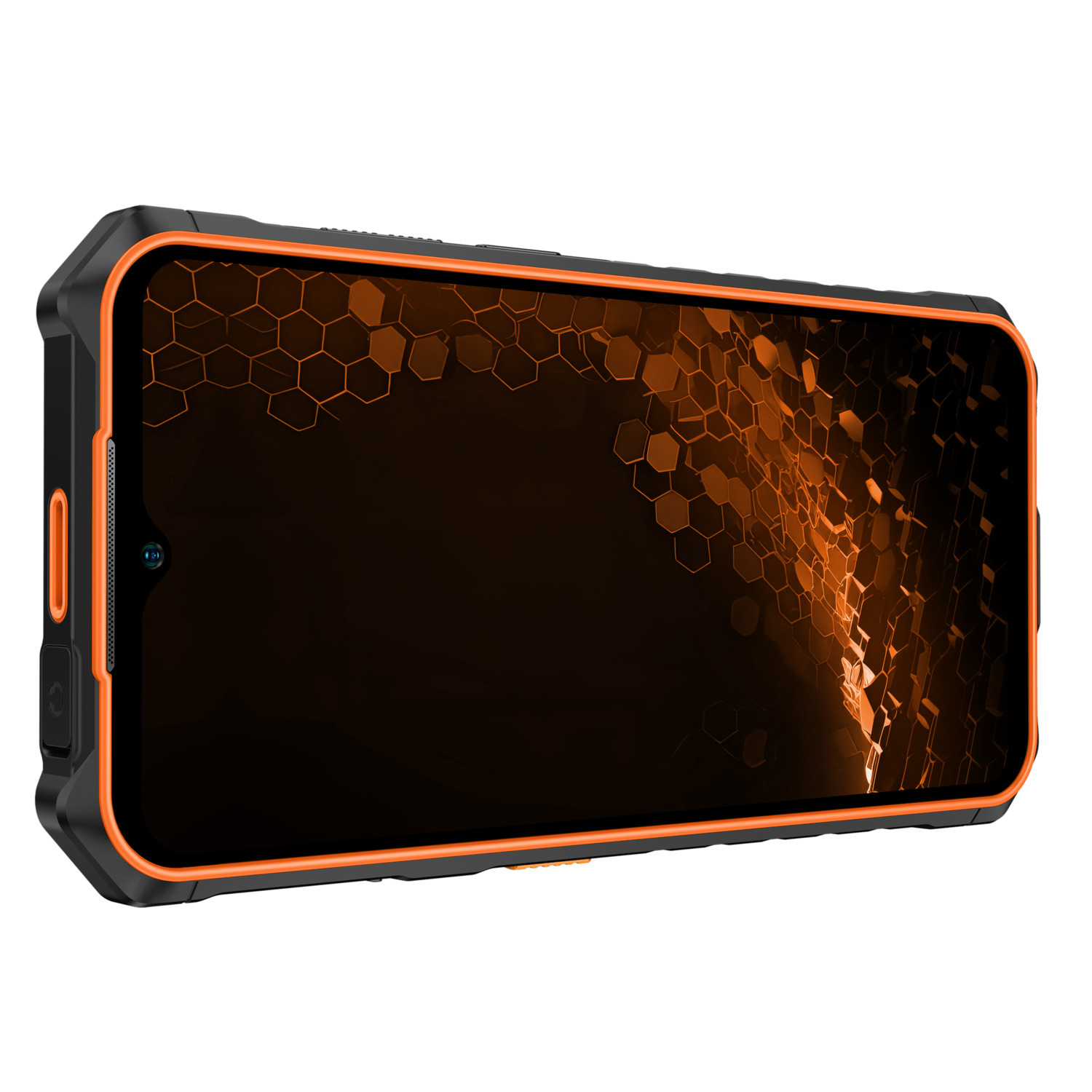 Zwarte en oranje smartphone. Het scherm heeft een oranje zeshoekpatroon. De telefoon is in profiel.
