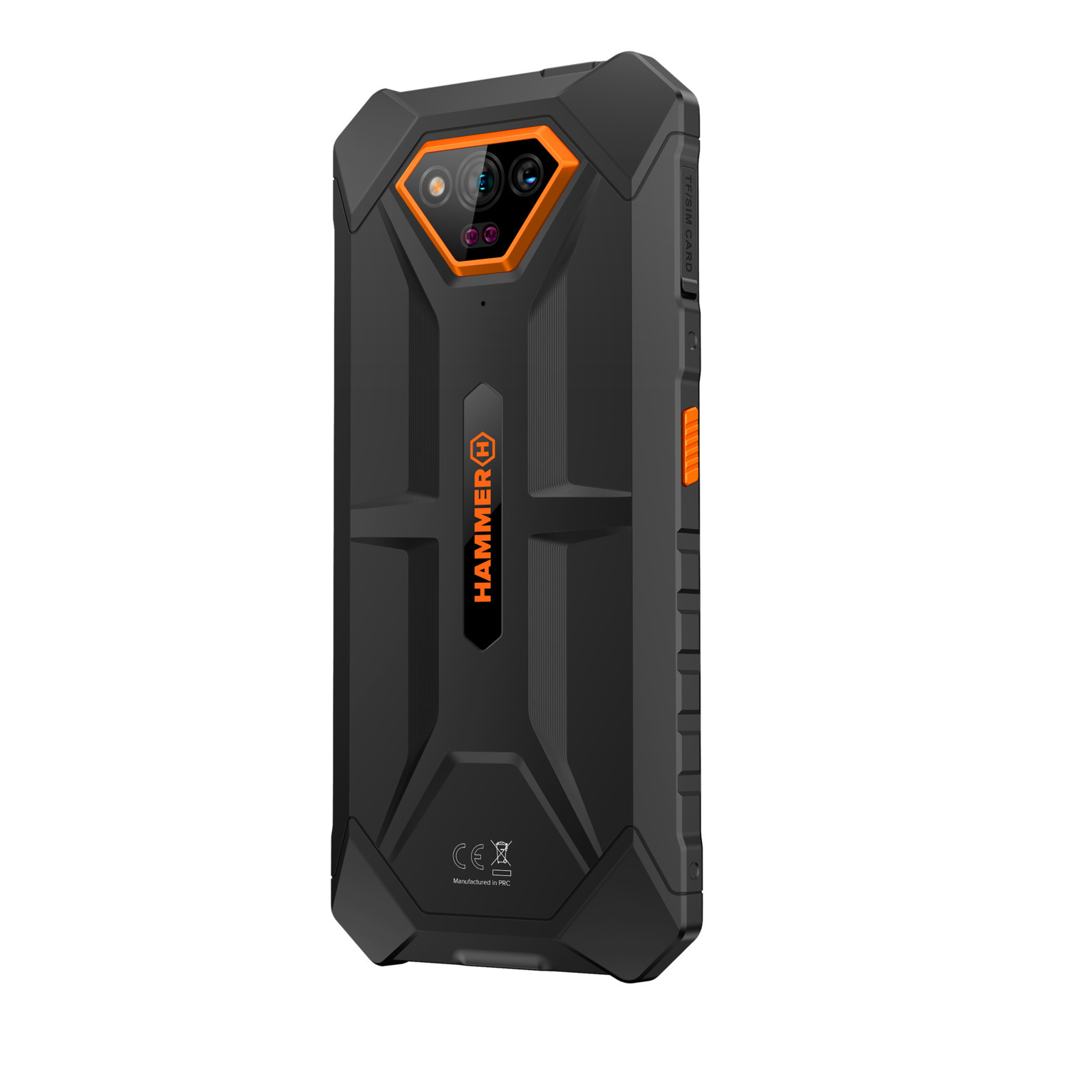 Zwarte robuuste smartphone met oranje accenten en drievoudige camera.