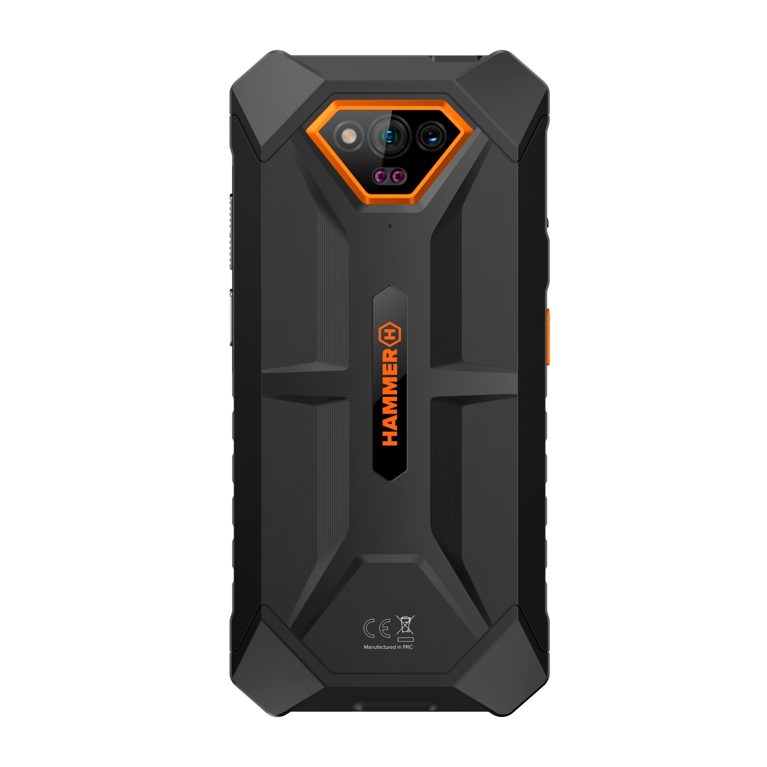 Zwarte en oranje Hammer telefoon, robuust ontwerp, op witte achtergrond.