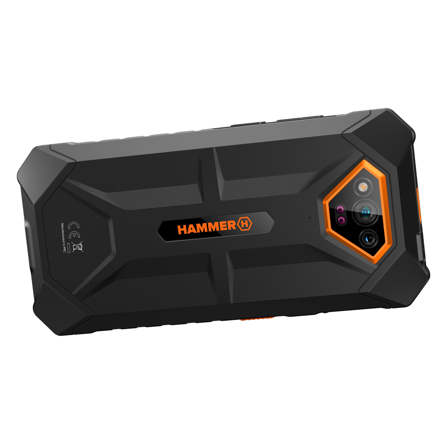 Zwarte en oranje robuuste smartphone. Achterkant, met drievoudige camera en een prominent 'Hammer' logo.