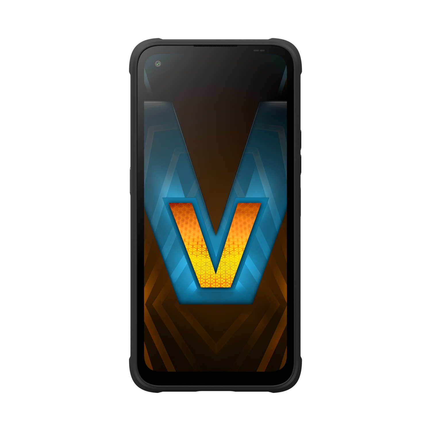 Zwarte smartphone met een blauwe en oranje V-vorm op het scherm.