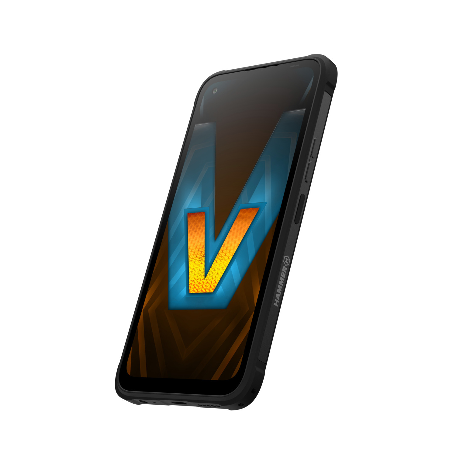 Zwarte en grijze robuuste smartphone met een groot V-logo op het scherm.