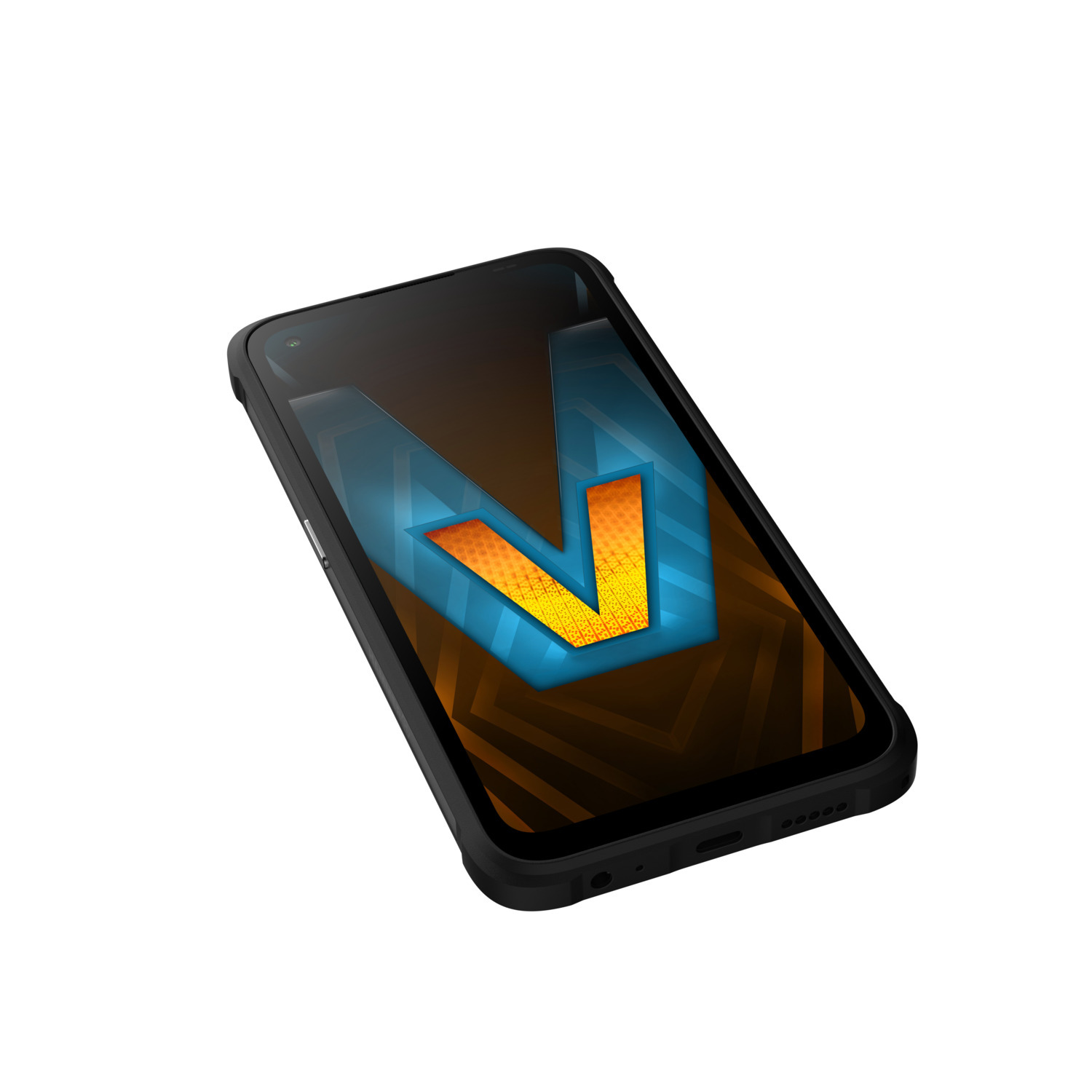 Zwarte smartphone met een logo op het scherm. De telefoon heeft een zwarte hoes.