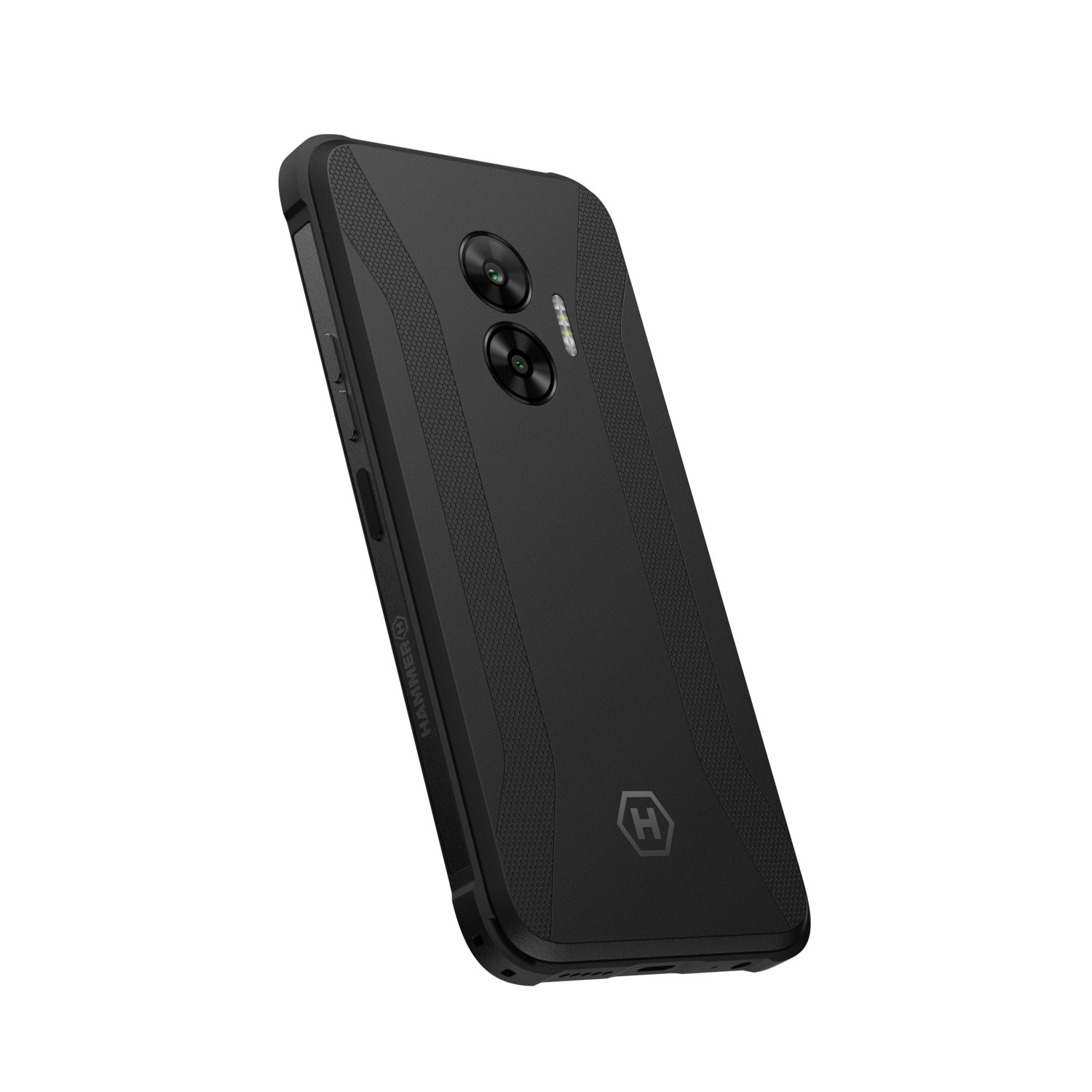 Zwarte telefoon, dubbele camera's, getextureerde achterkant, Hammer logo.