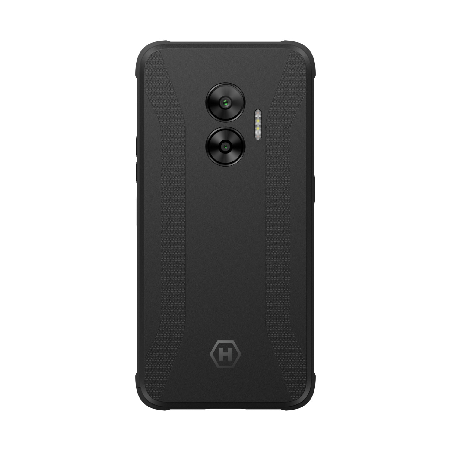 Zwarte smartphone met twee camera's aan de achterkant. Een robuust ontwerp met een getextureerde achterkant.