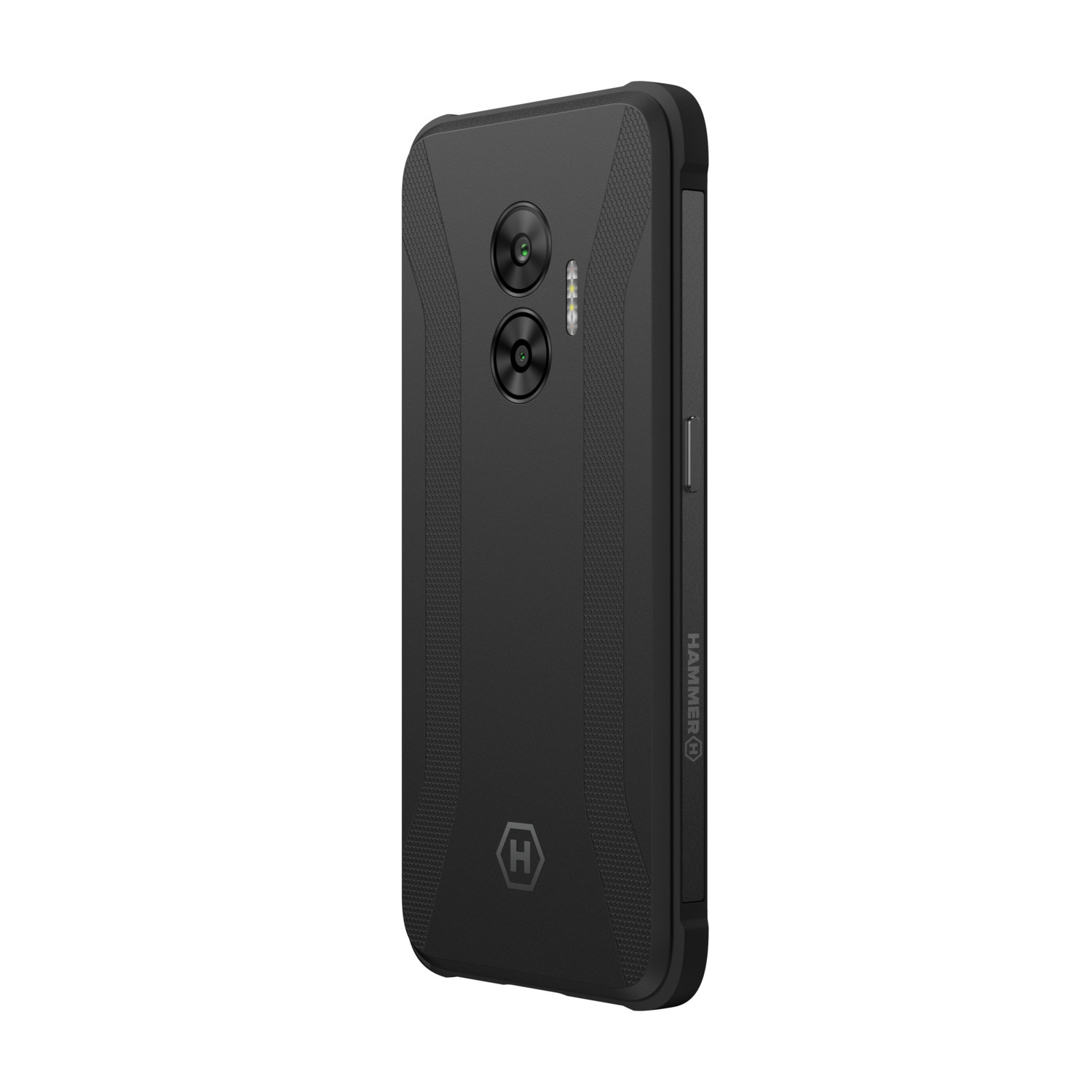 Zwarte robuuste smartphone met dubbele camera's en het Hammer-logo. Schuine weergave op een witte achtergrond.