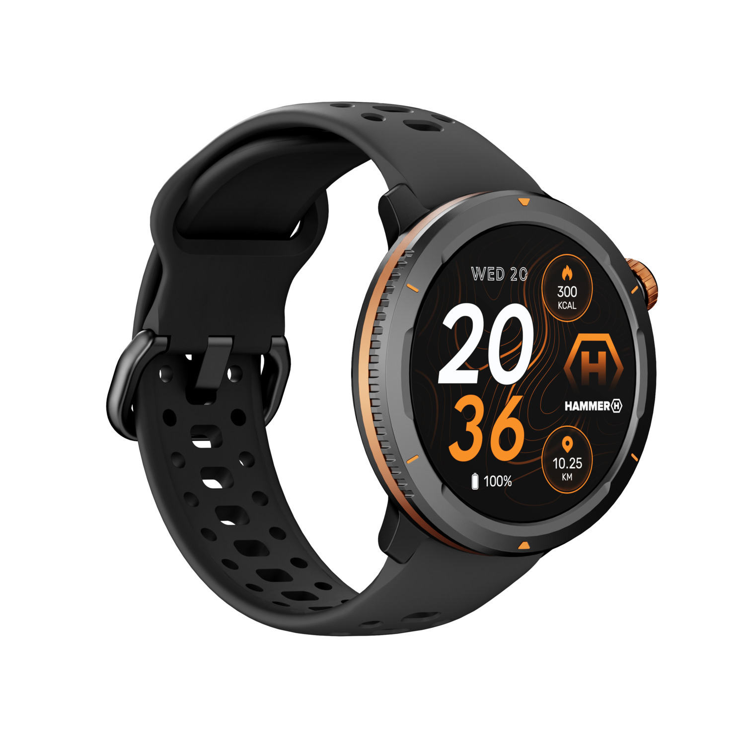 Black smartwatch with orange accents, displaying time, date, and fitness data. Black strap with a buckle. White background.