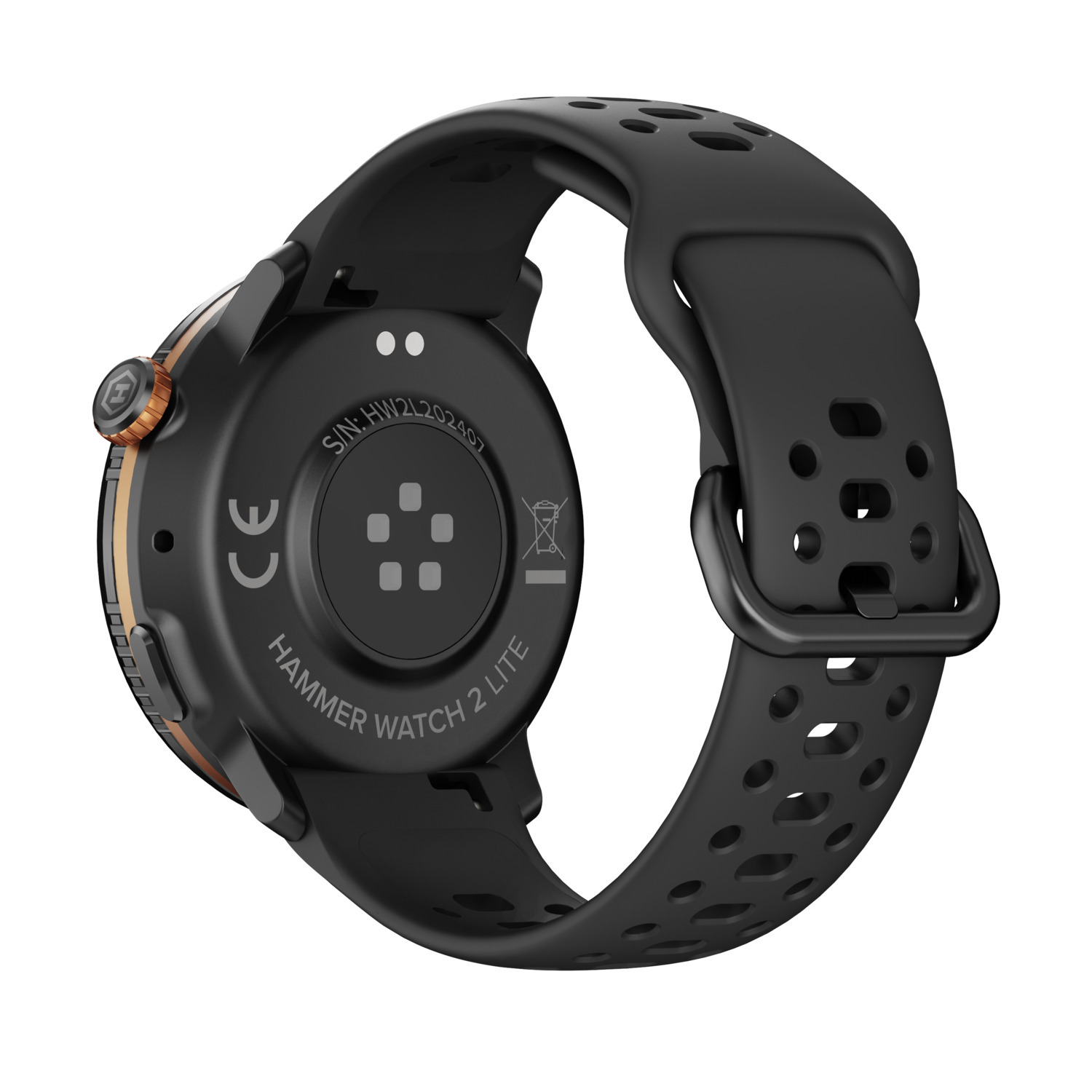 A black Hammer Watch 2 Lite smartwatch with a black strap. The watch face is black with gold-colored accents. The strap has holes.