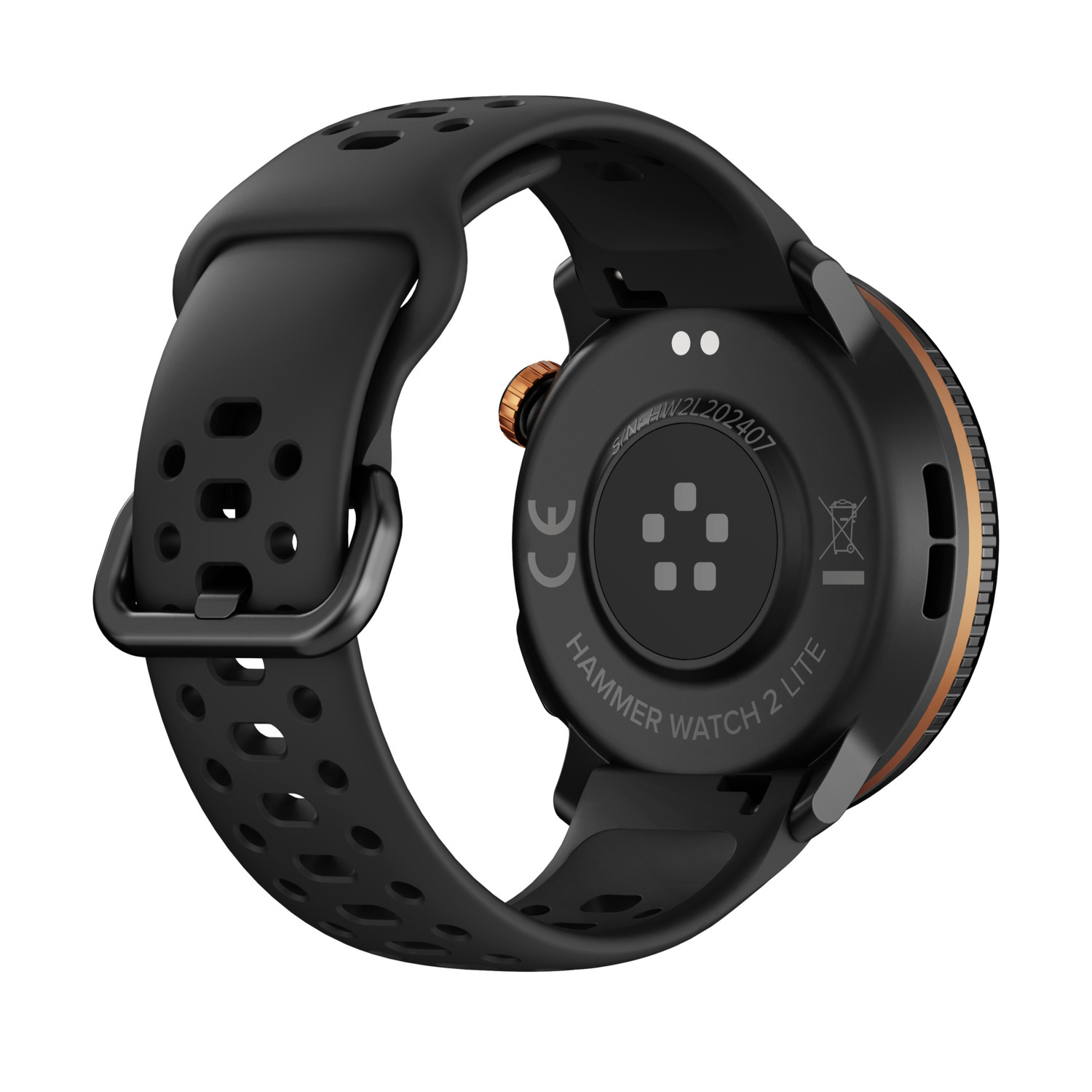 A black smartwatch with a black strap. The watch face is black with bronze accents. The strap has perforations.