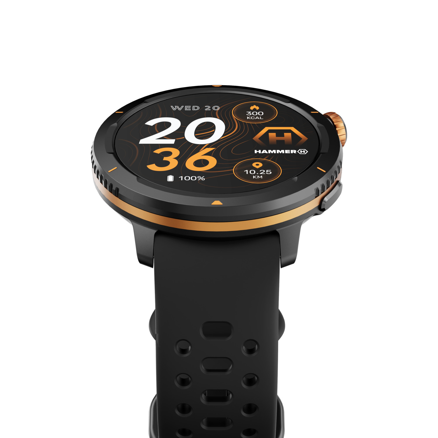 A black and gold smartwatch displays time and fitness data. A black strap is attached. The watch face shows numbers and icons.