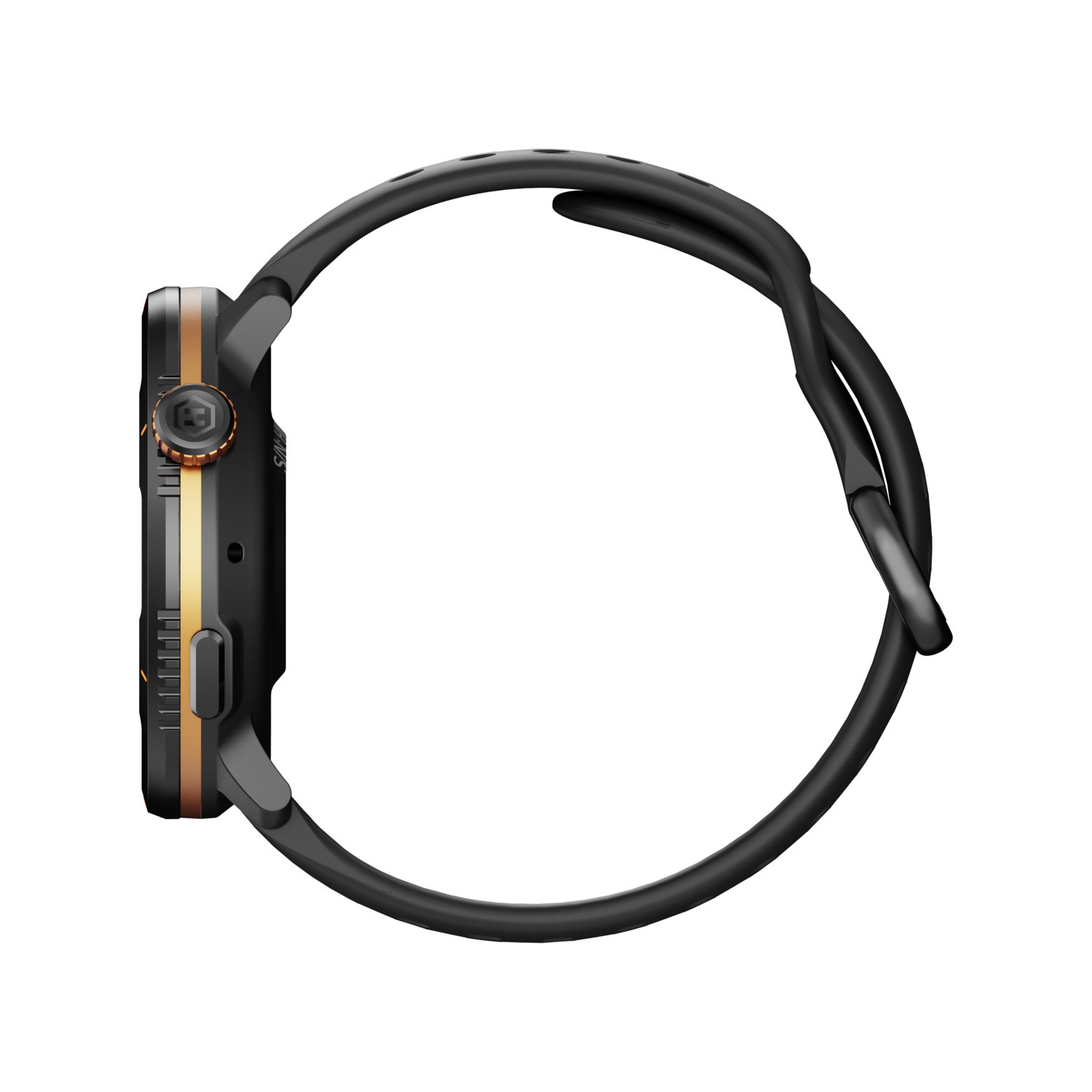 A black smartwatch, side view. It has a black strap and a black and gold watch face. It is set against a white background.