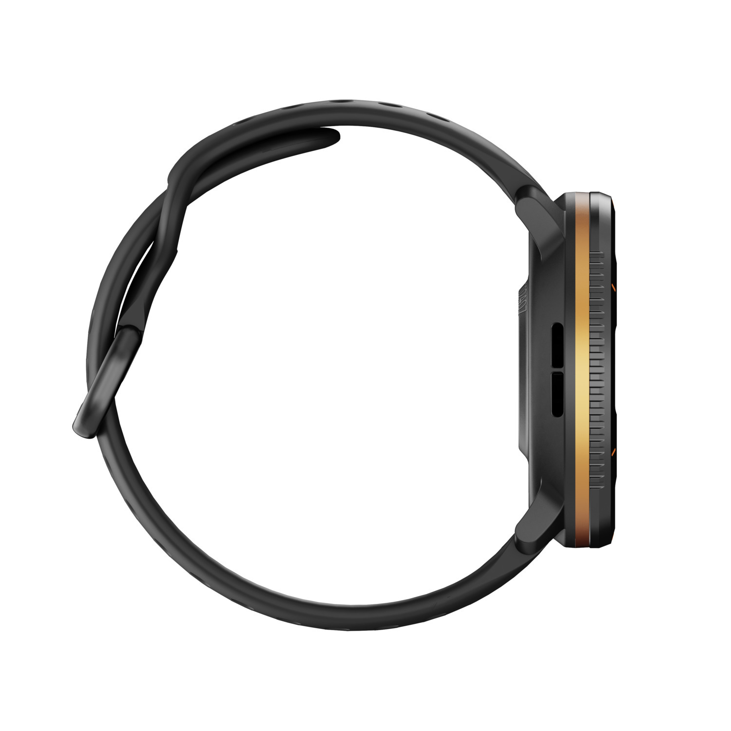 A black smartwatch with a gold trim on a white background. The watch band is black and curved.