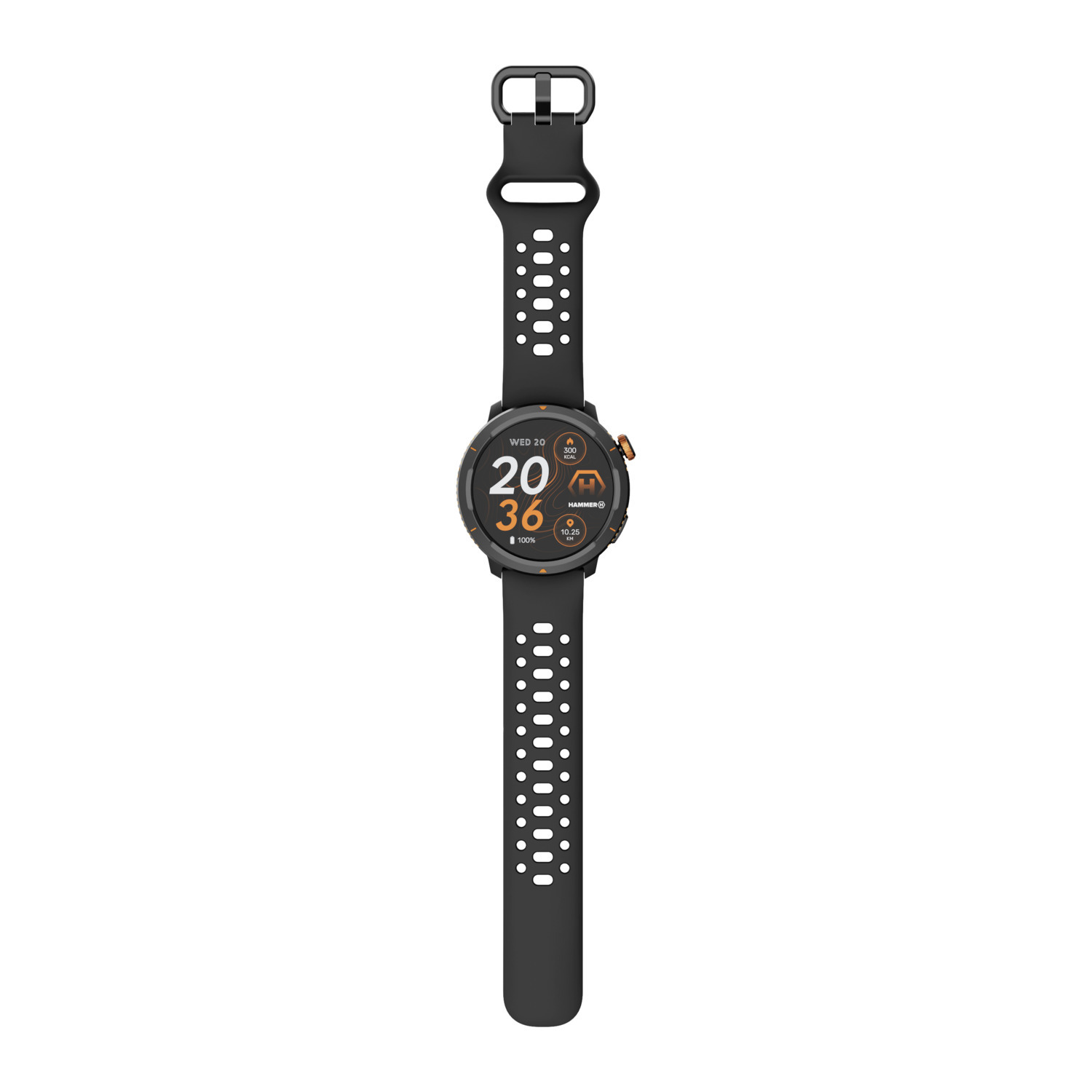 A black smartwatch with a round face displays time and stats. The watch has a black strap with white perforations and an orange accent.
