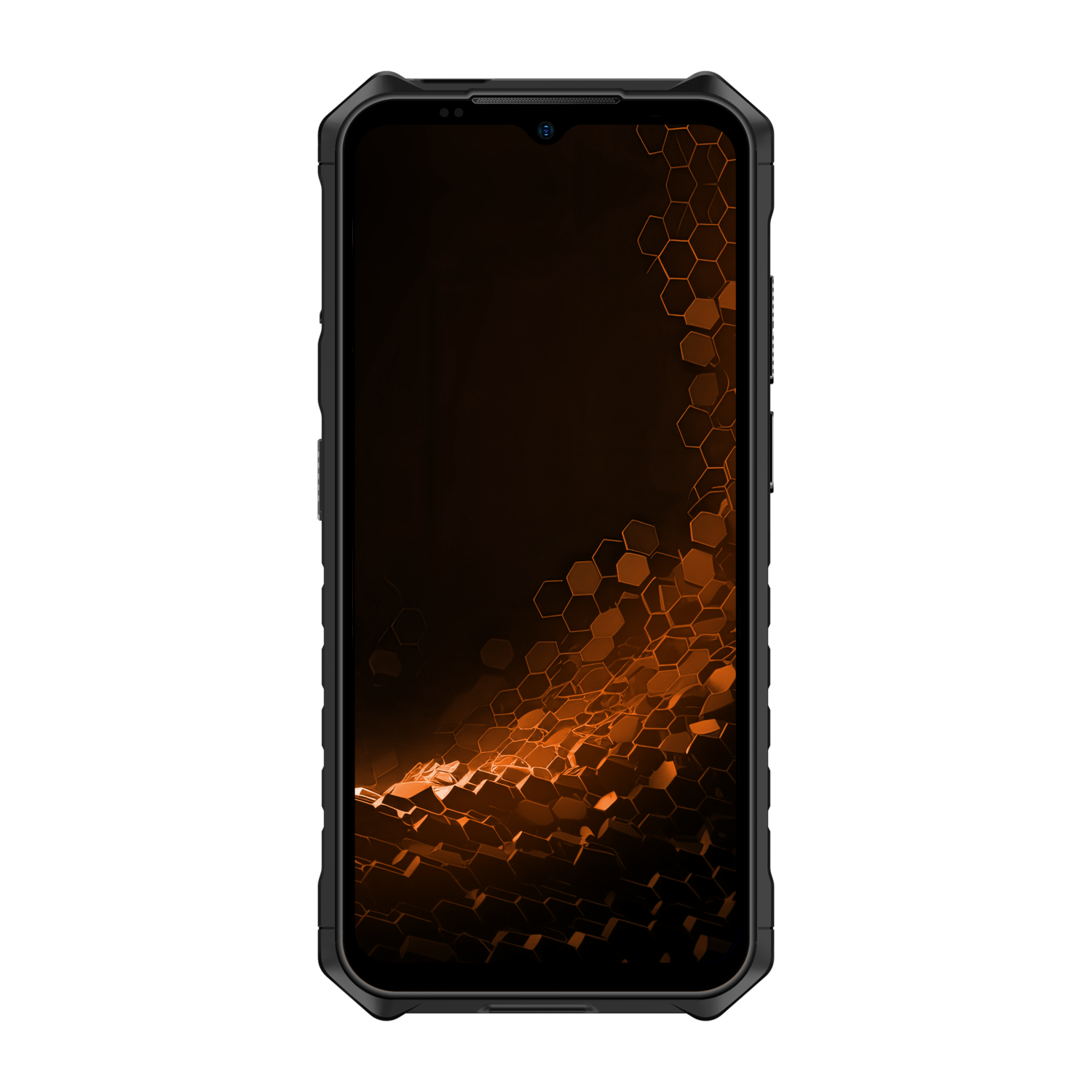 Een zwarte smartphone toont een oranje zeshoekpatroon op het scherm. De telefoon heeft een robuust frame.