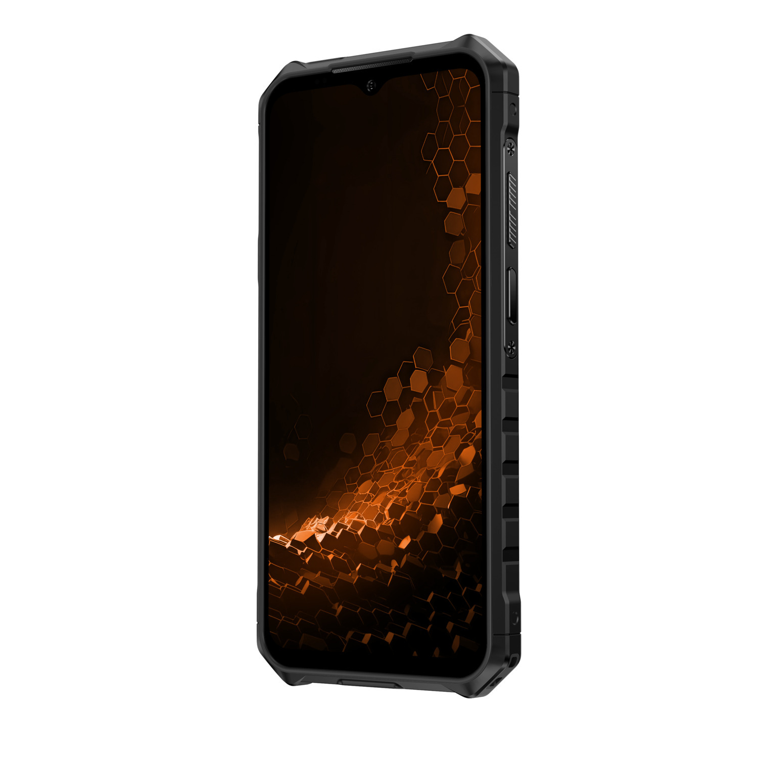 Een zwarte, robuuste smartphone met een oranje display.