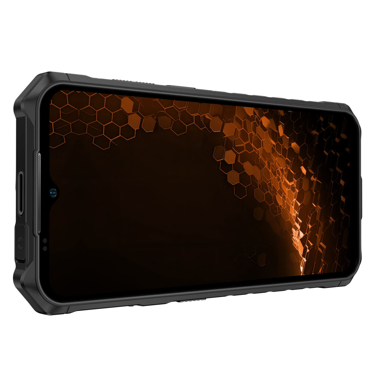 Een zwarte, robuuste smartphone met een oranje display.