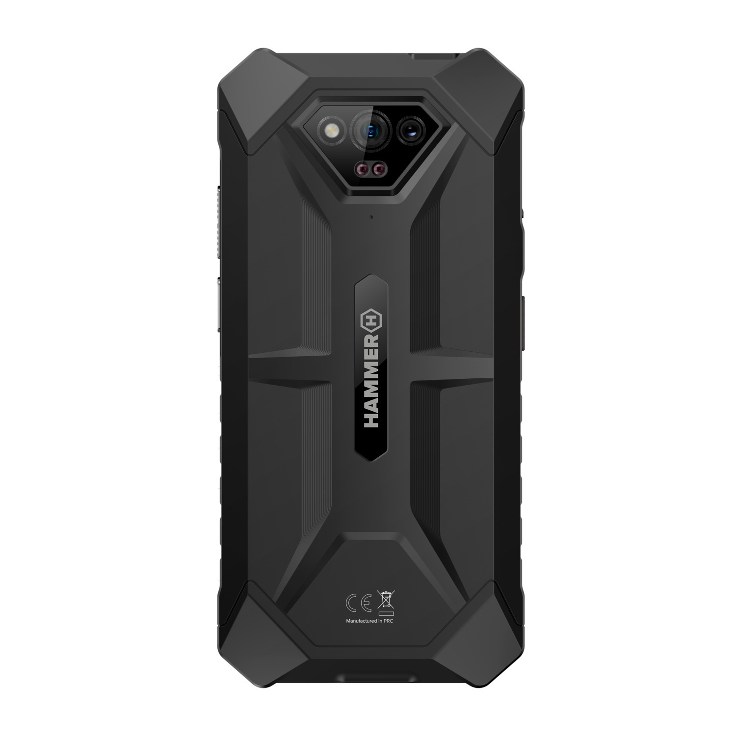 Een zwarte robuuste smartphone met een drievoudige cameralens aan de achterkant, geïsoleerd op wit.